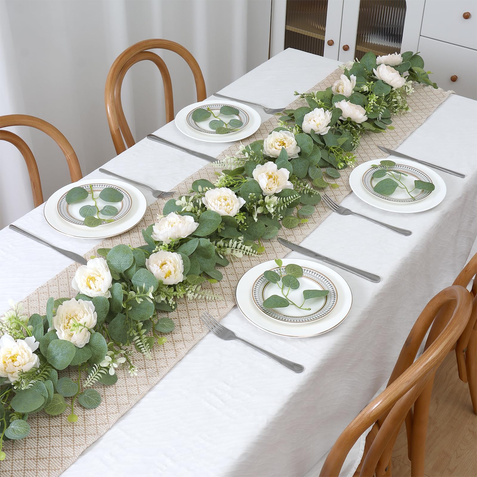 DEMIUKO Künstliche Eukalyptus-Girlanden mit Blumen, künstliche Pfingstrosen, Rose, Blumen, grüne Girlande, Blumenranken für Hochzeit, Tischläufer, Bogen, Party, Zeremonie, Hintergrunddekoration (4
