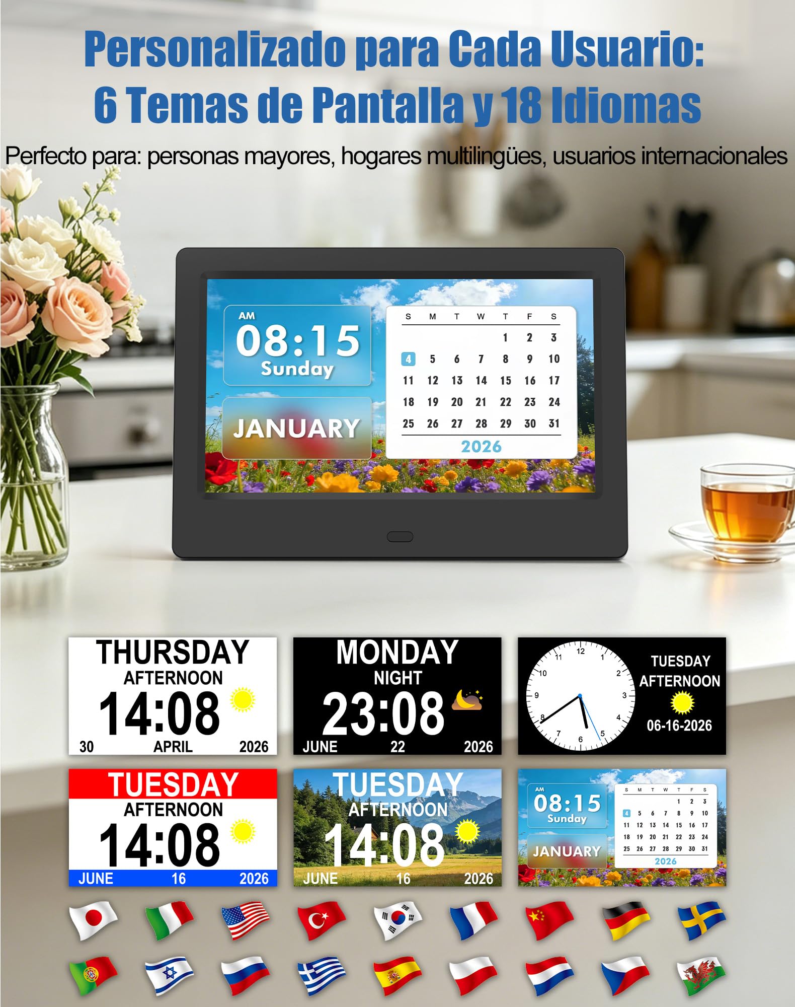 jely Reloj Digital para Personas Mayores 7'' Calendario Digital para Alzheimer y Pérdida de Memoria, 20 Recordatorios, 24 Alarmas, Marco de Fotos Digital, Control Remoto, Reloj de Pared y Mesa - Negro