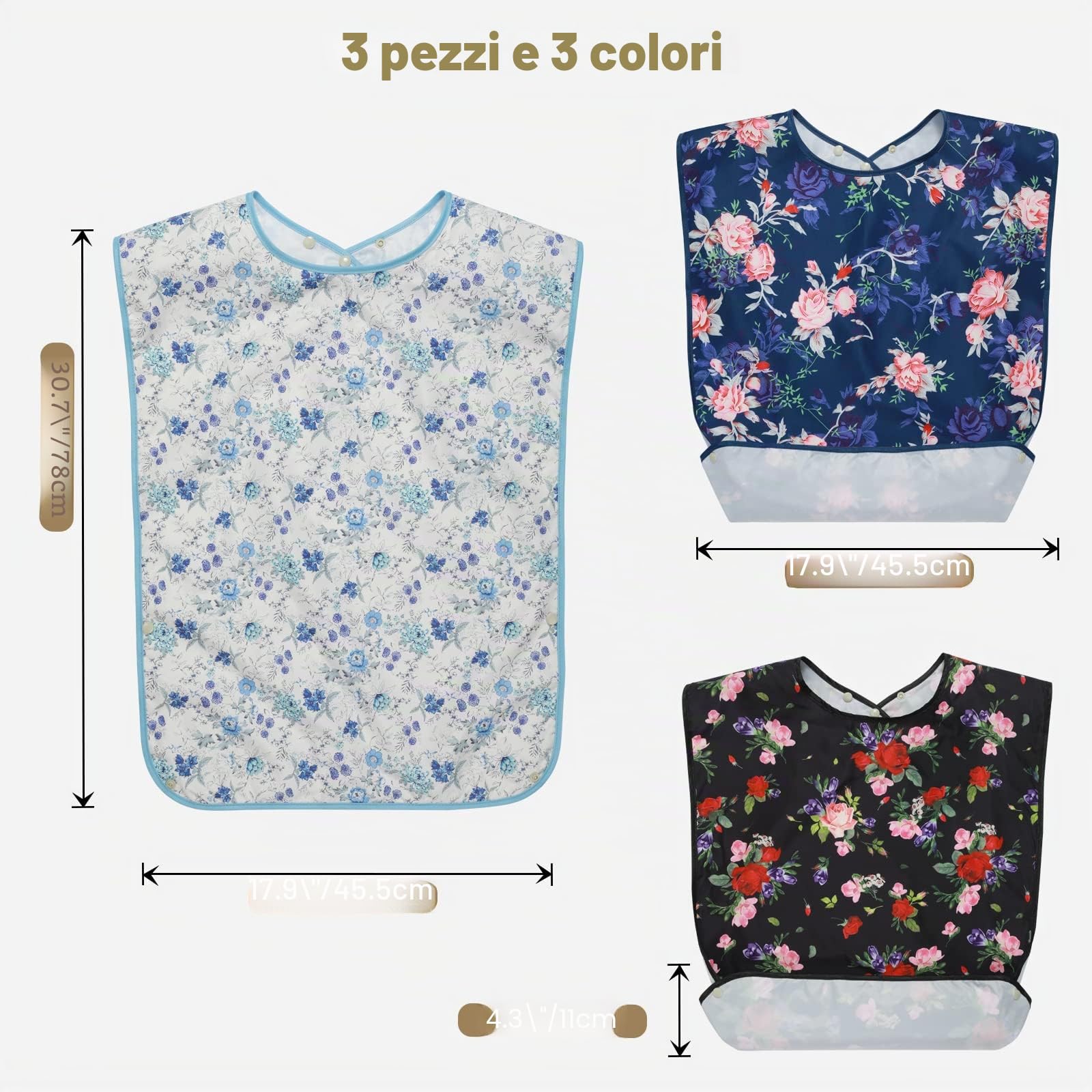 Roylvan Bavaglino Impermeabile Adulto Lavabile e Riutilizzabile 3 Pezzi, Bavaglino Protezione Abbigliamento Pulizia Facile e Portatile Raccoglitore Briciole per Mangiare e Truccarsi, Nero+Bianco+Blu
