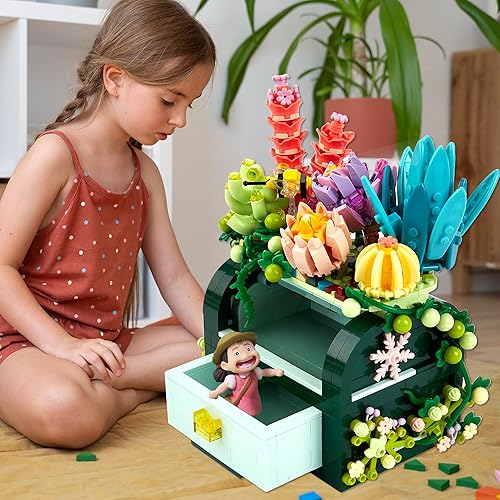 Miniatura 7 de Juego de construcción de cajas de suculentas con flores para adultos, mini bloques de construcción de juguete para la decoración de oficina y el