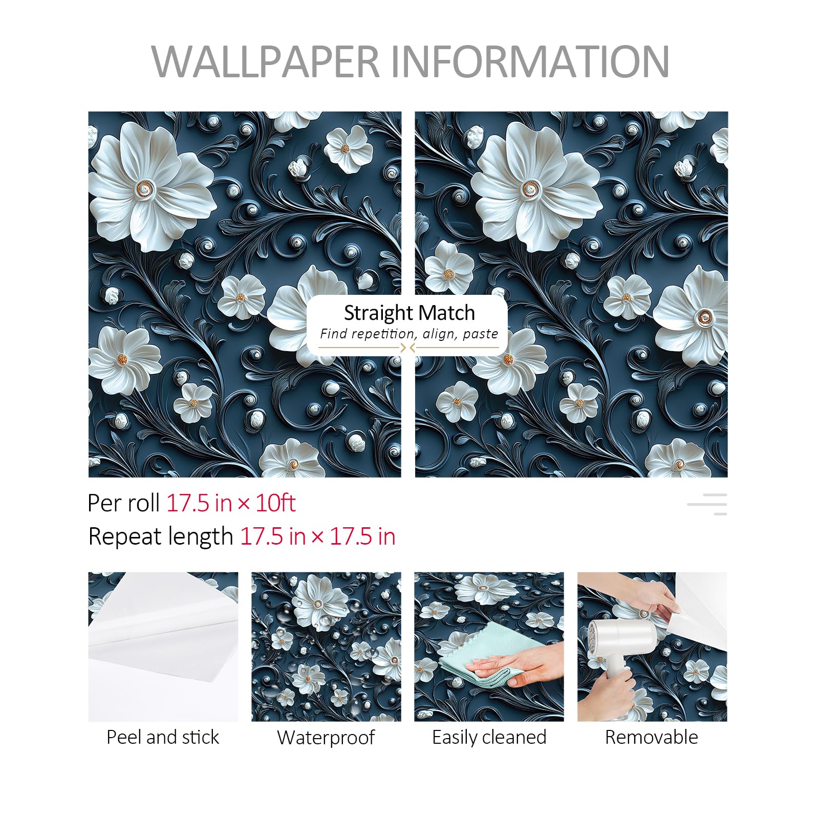 ReWallpaper Folia samoprzylepna Niebieskie kwiaty Vintage Samoprzylepna tapeta Efekt 3D Fototapeta Kwiaty Białe 44,5 cm x 3 m Folia do mebli Szafki kuchenne Szuflady Tapeta ściana Niebieska