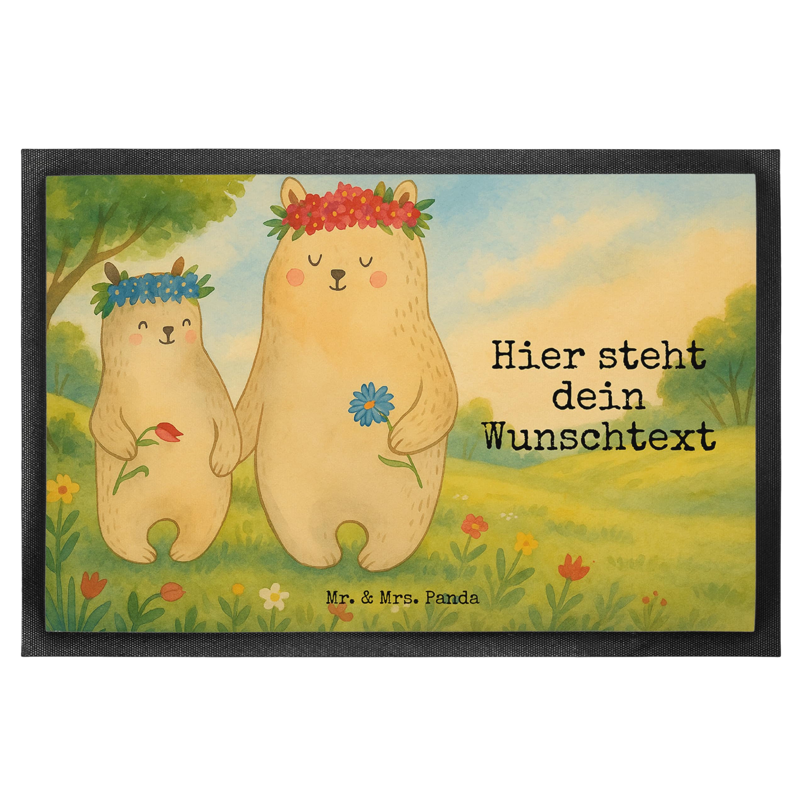 Mr. & Mrs. Panda Fussmatte selbst gestalten Bären mit Blumenkranz Design 80 x 120 cm - Geschenk, Personalisierte, Individuelle, Familie, Muttertag, Tochter, personalisiert, Fußmatte personalisierbar