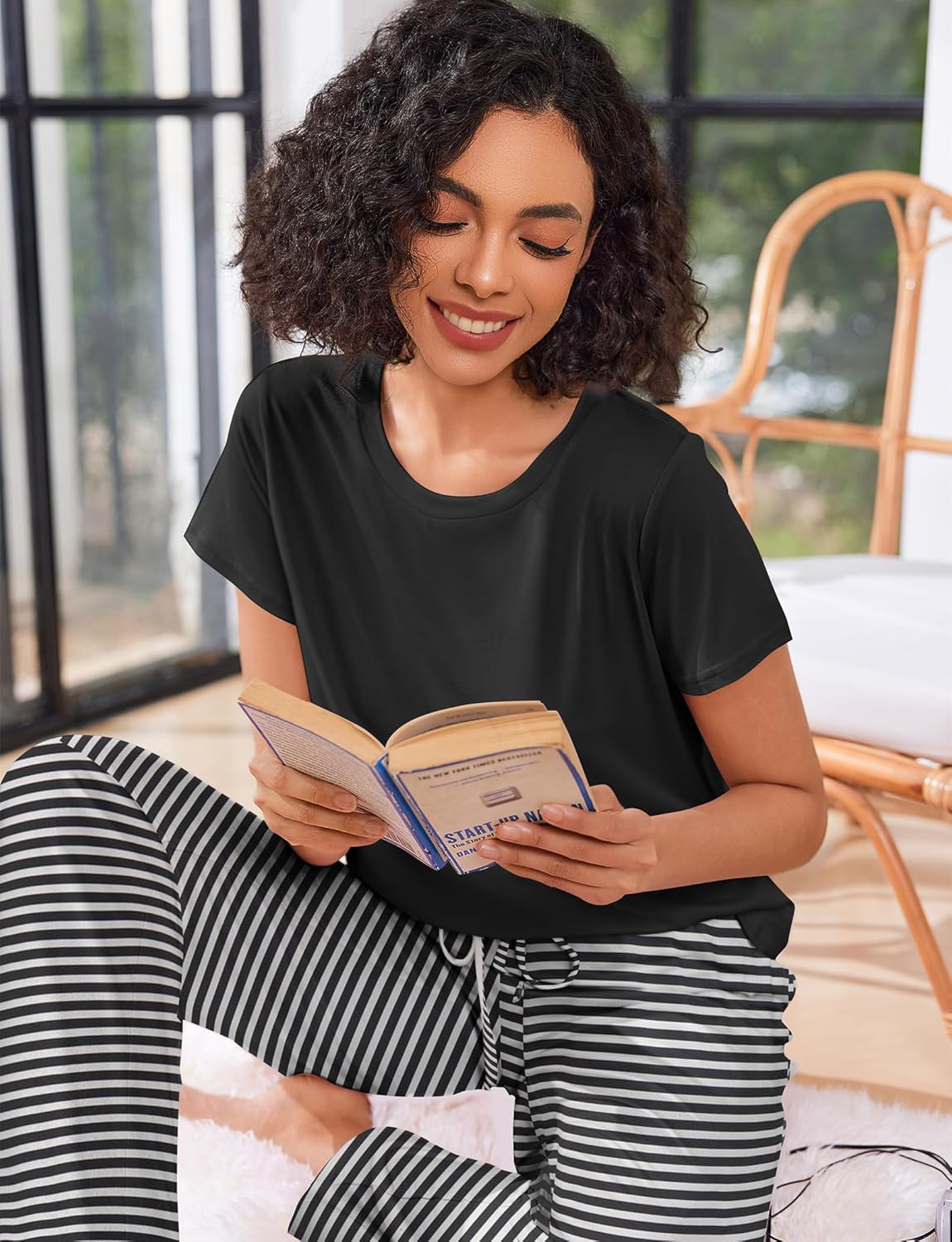 Ekouaer Pajama Sets for Women Round Neck Pjs Short Sleeve Sleepwear with Long Pants Loose Lounge Sets - Image 2