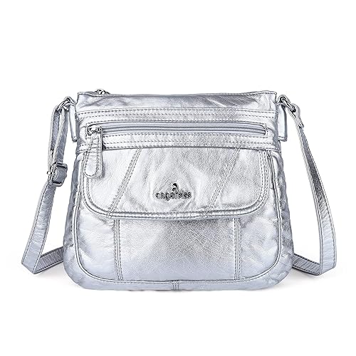 Angelkiss Small Womens Crossbody Bag Leather Shoulder Purse for Women Hobo Bag with Adjustable Shoulder Strap - Silver