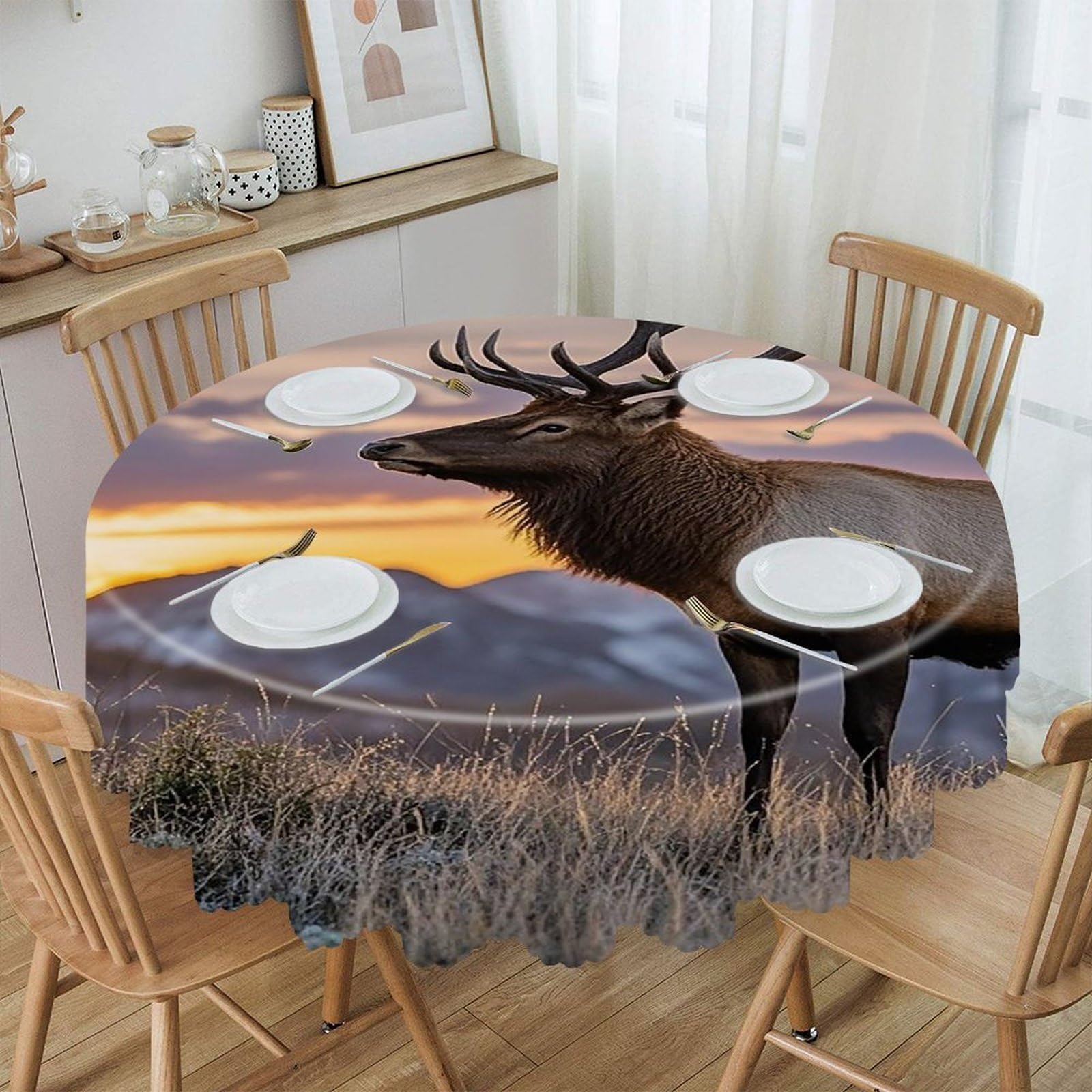 VstaDank Red Deer Bull Elk Sunset Round Tablecloth Wipeable Round Polyester Tablecloth Waterproof Wrinkle Free Indoor and Outdoor Table Cover 60 Inch Decorative Farmhouse Table Cloth for Dining