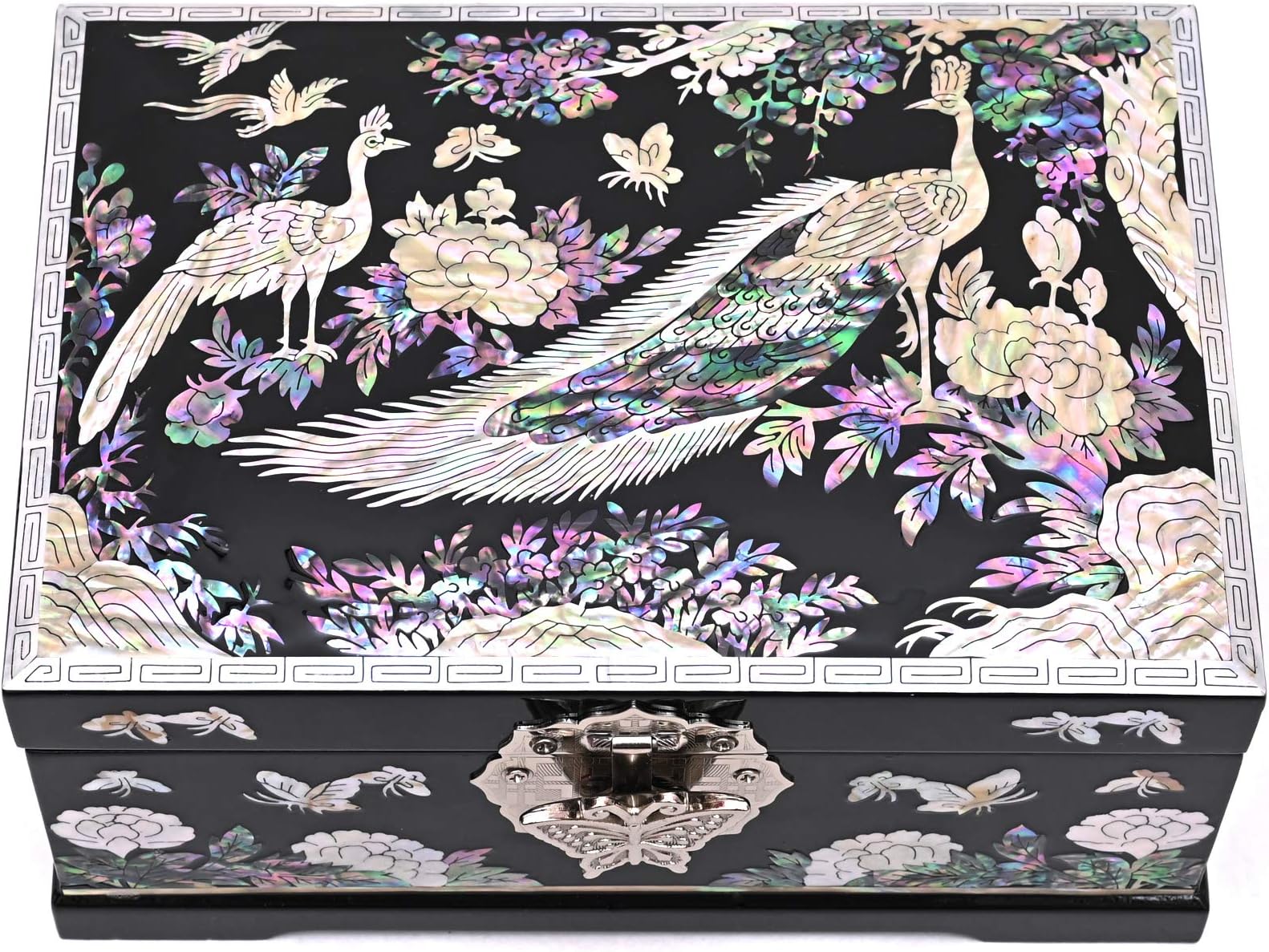 MADDesign Mother of PearlJewelry Box Ring Mirror Lid Two Level Peacock Black (Black)