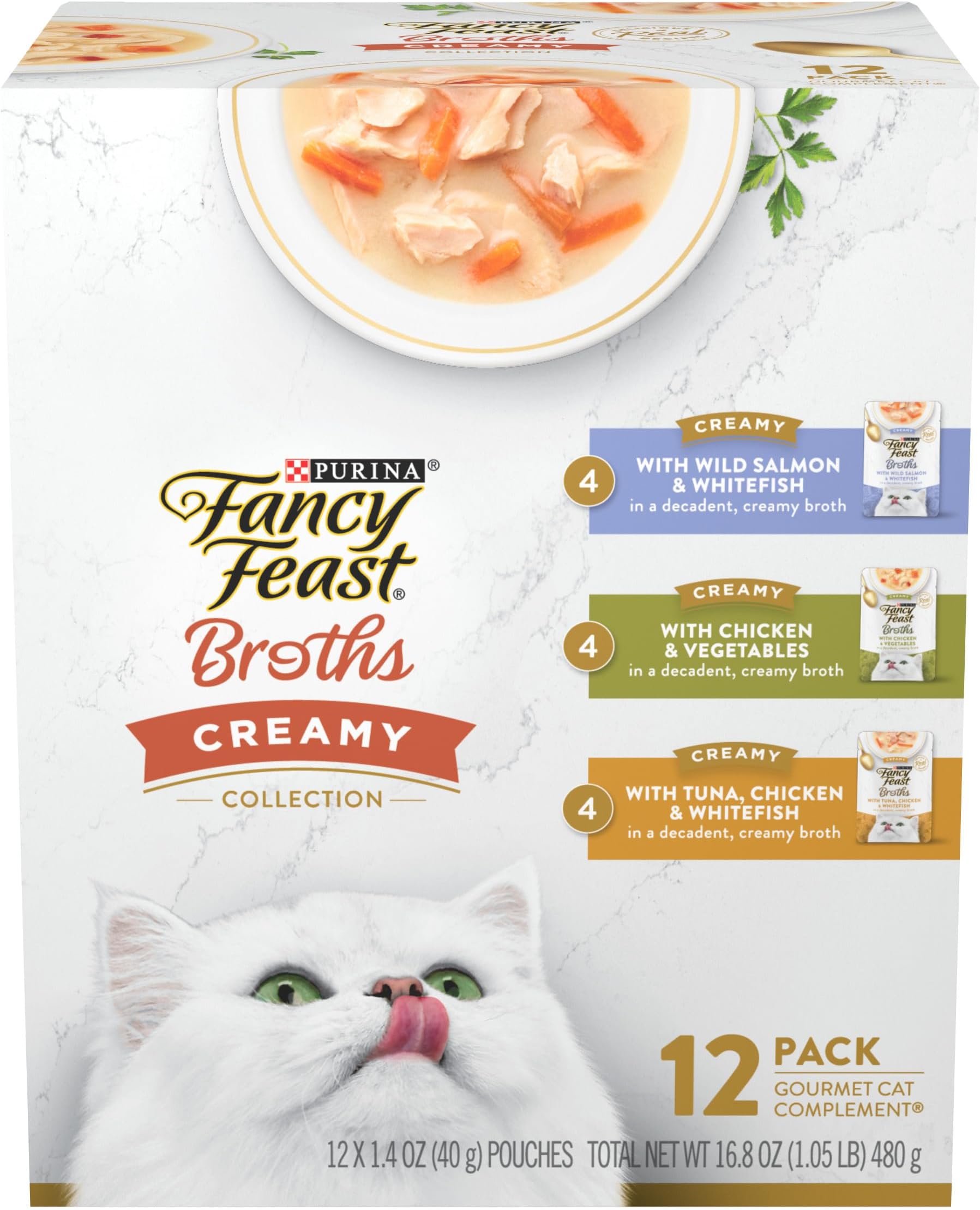 Purina Fancy Feast Lickable Broth Topper Complement Creamy Wet Cat Food Variety Pack - (Pack of 12) 1.4 oz. Pouches
