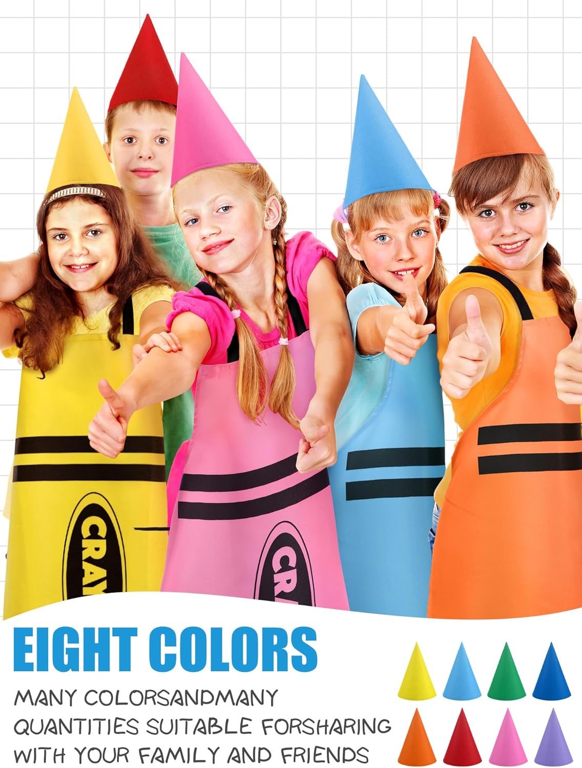 Mepase 8 Set Color Crayon Apron and Funny Gnome Cone Hats for Costume Set for Adults Fancy Dress Outfit Halloween Cosplay