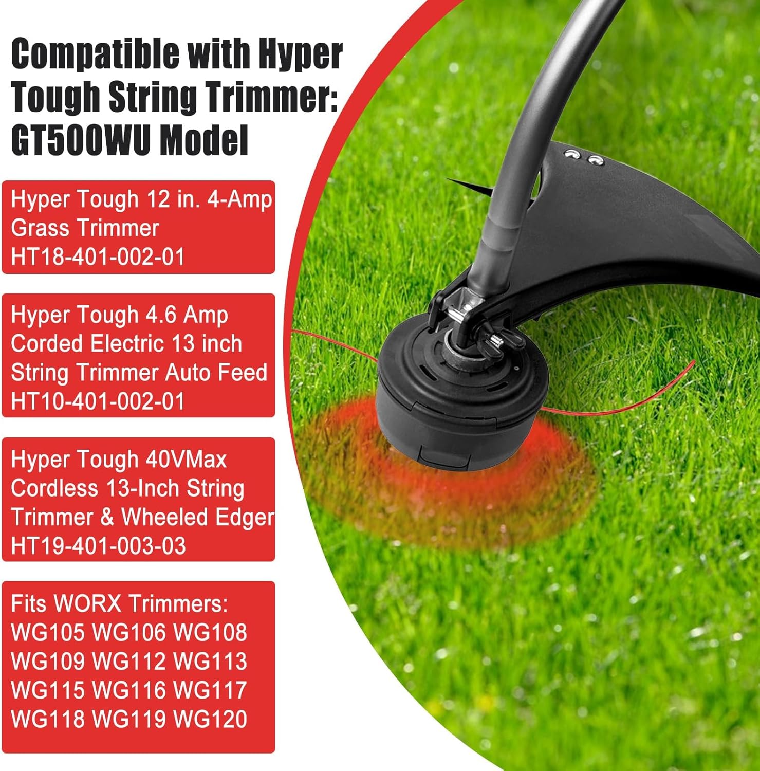 Image showing a string trimmer head with text indicating compatibility with Hyper Tough models GGT500WU, HT18-401-004-01, HT10-401-002-01, and HT19-401-003-03.