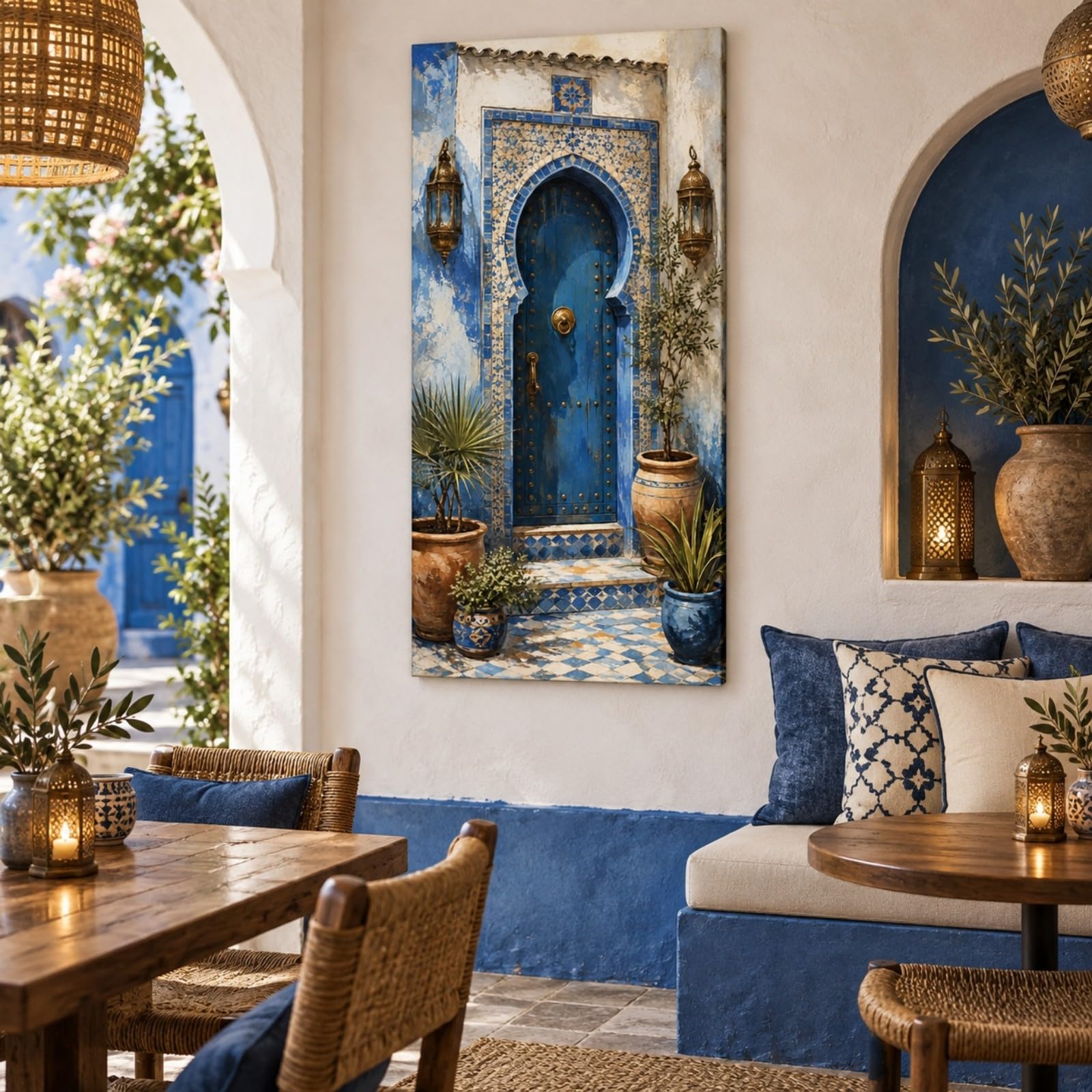 DHFGHFJ Cuadro en Lienzo Boho con Arco Azul Marroquí y Plantas Vertical