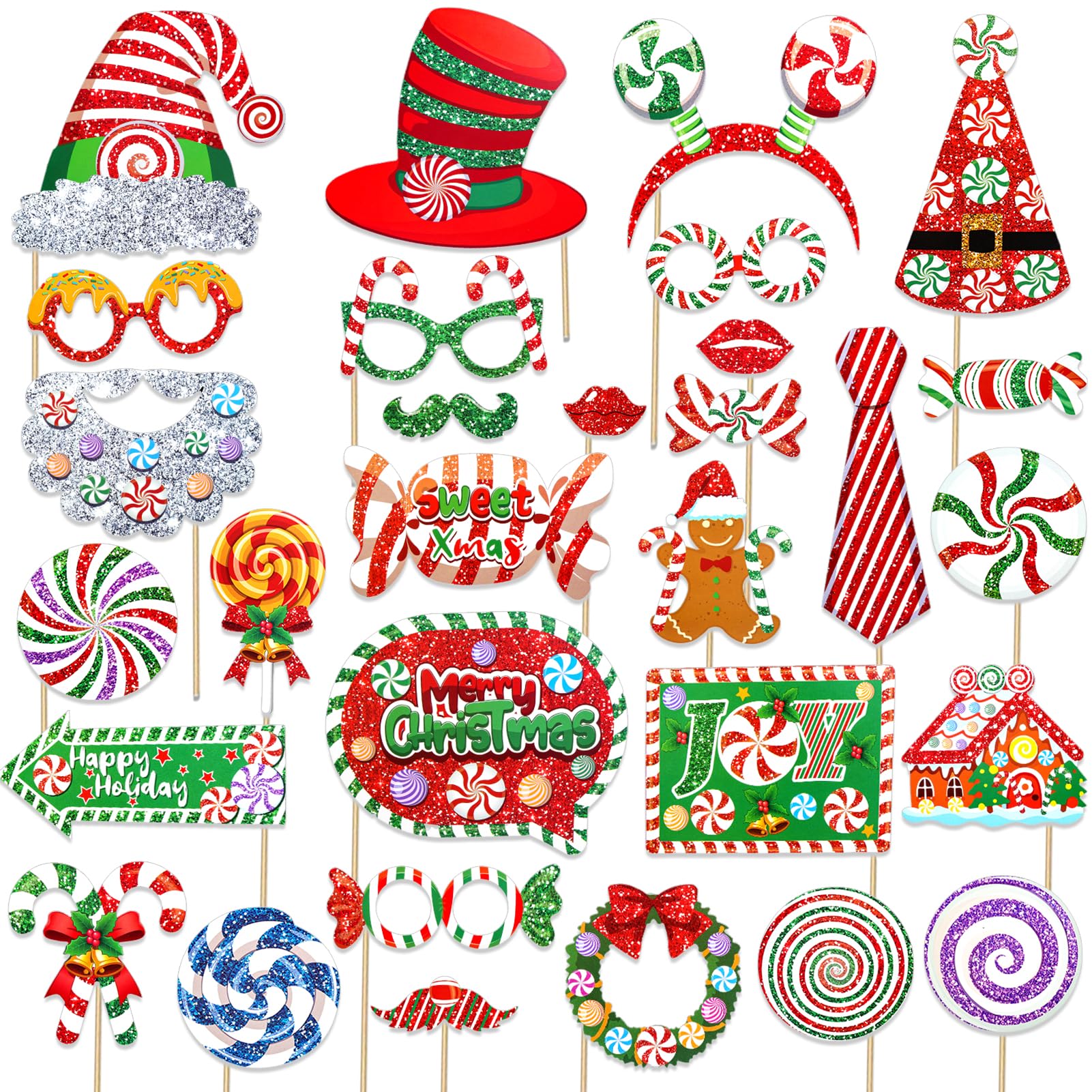 HOWAF 30pcs Glittery Photo Booth Props - Peppermint Candy & Lollipop Themed Selfie Props for Sweet Xmas Party Decorations