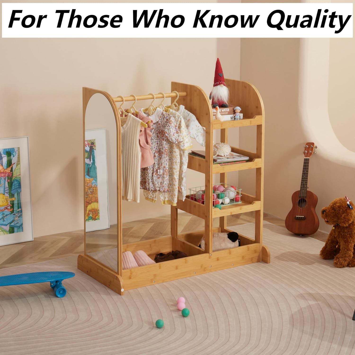 Kids Dress Up Storage Wardrobe, Dress-up Center with Mirror, Kids Armoire with Hanging Rack, Solid Wood Wardrobe Costume, Gift for 3-6 Years Old Girls, Pretend Play Toy Organizer