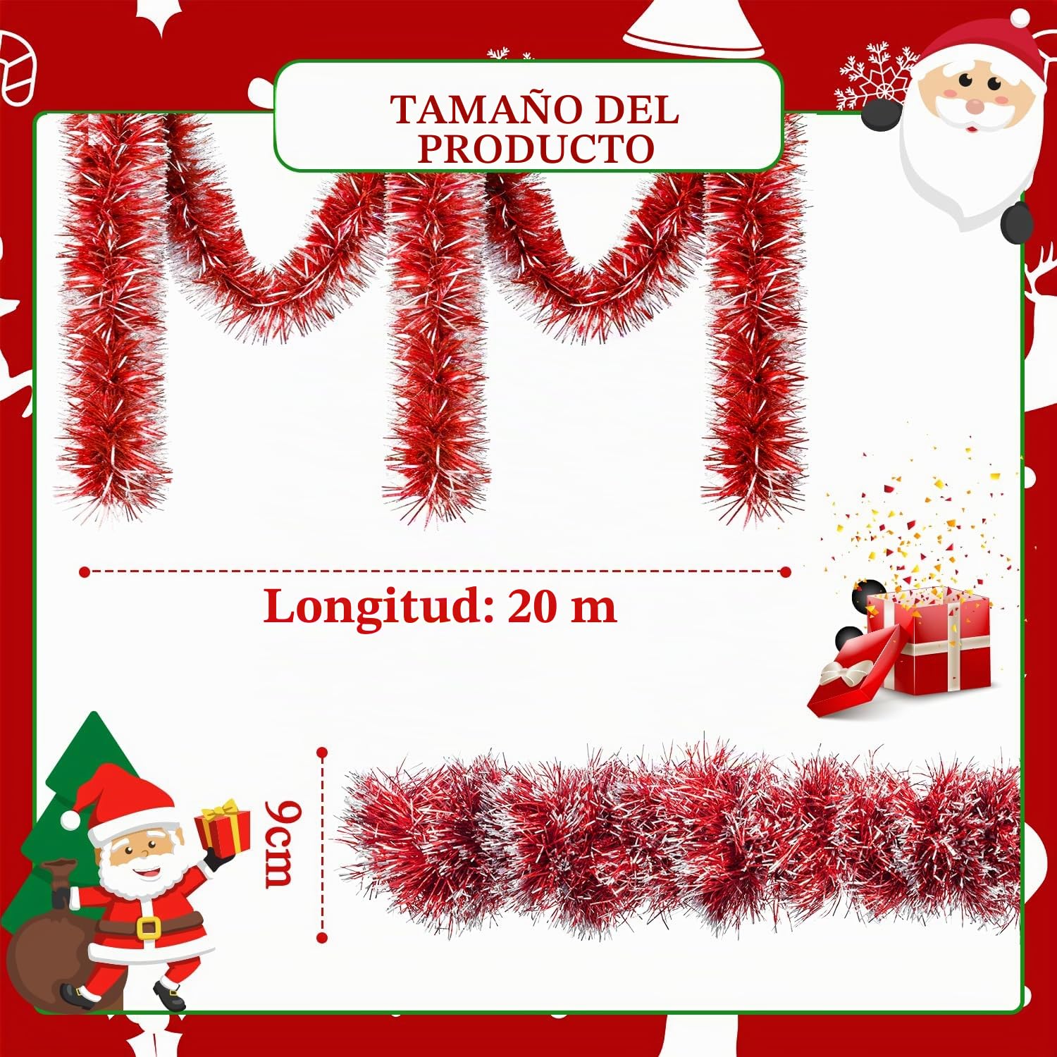 20m Espumillon Arbol Navidad Guirnalda - Rojo Guirnaldas Natal Navideñas Christmas Garland, Espumillón Navidad Decoracion Adornos para Exterior Hogar Puerta Escaleras Balcon