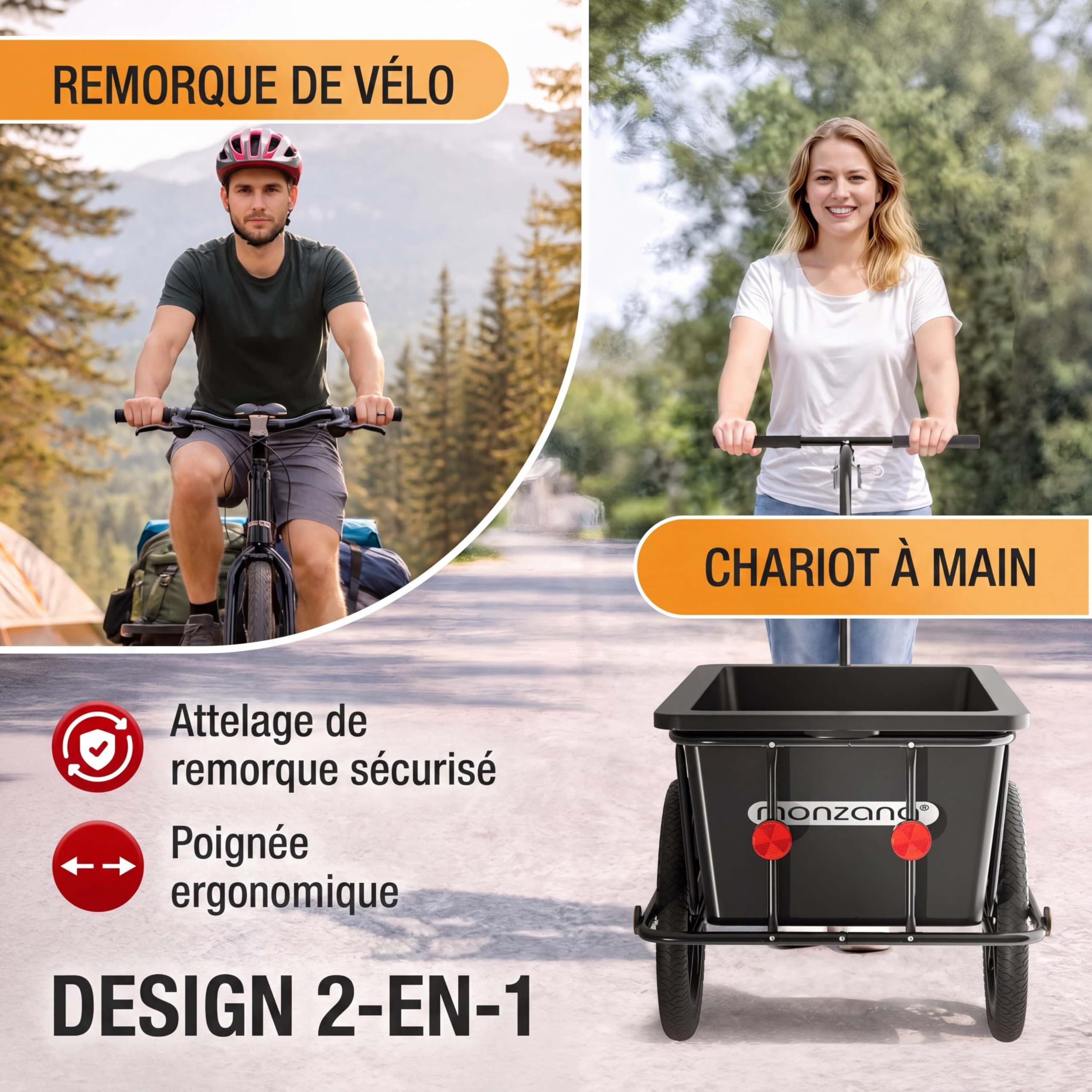 MONZANA Remorque Vélo Cuve 90L Amovible Bâche Barre Attelage Rotatif Réflecteurs Transport Chariot 80kg