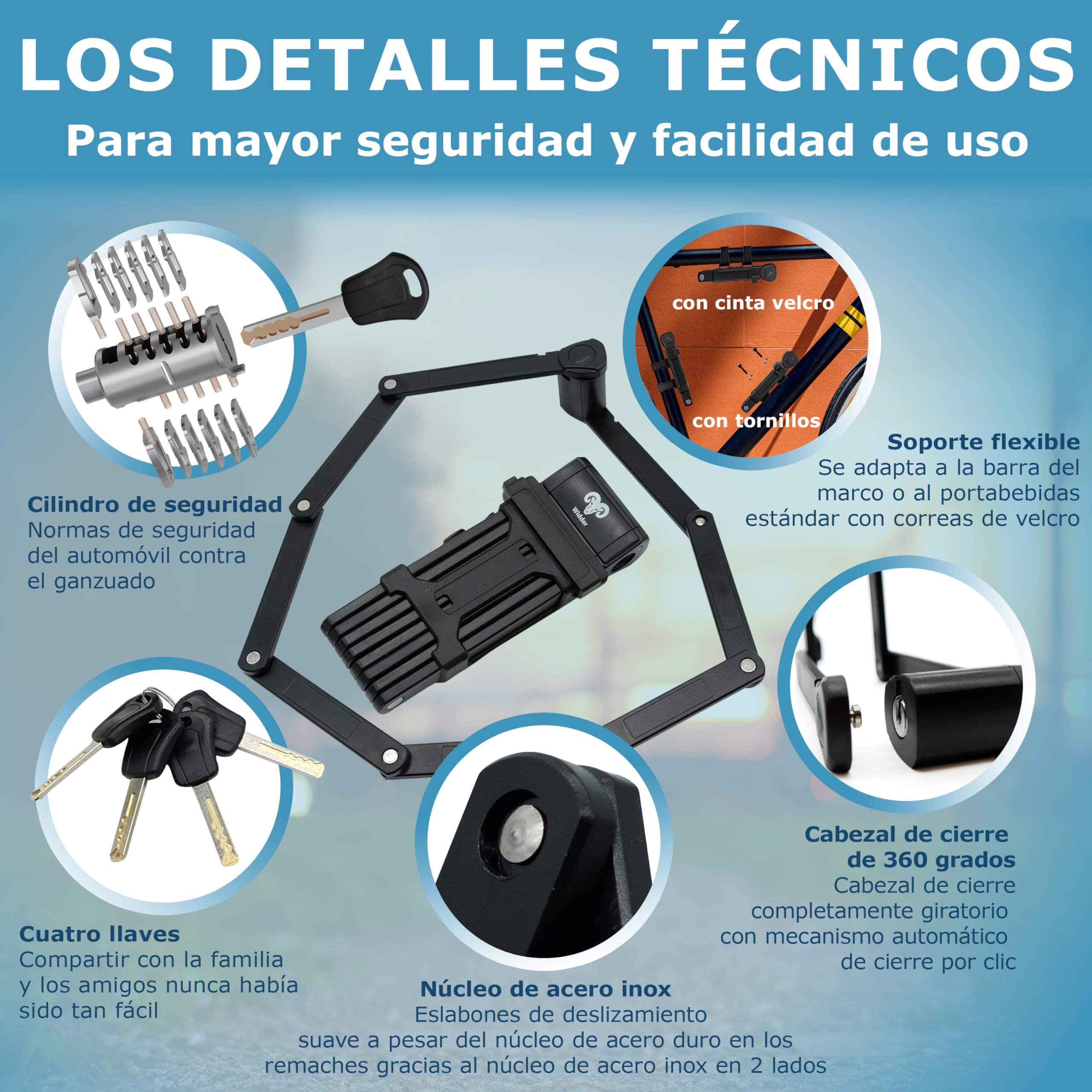 Widder Antirrobo de bicicleta muy seguro Candado plegable 120cm con 4 llaves | para bici, con soporte | ideal como antirrobo de bicicleta para e‑bike, patinete eléctrico, bicicletas & bike lock