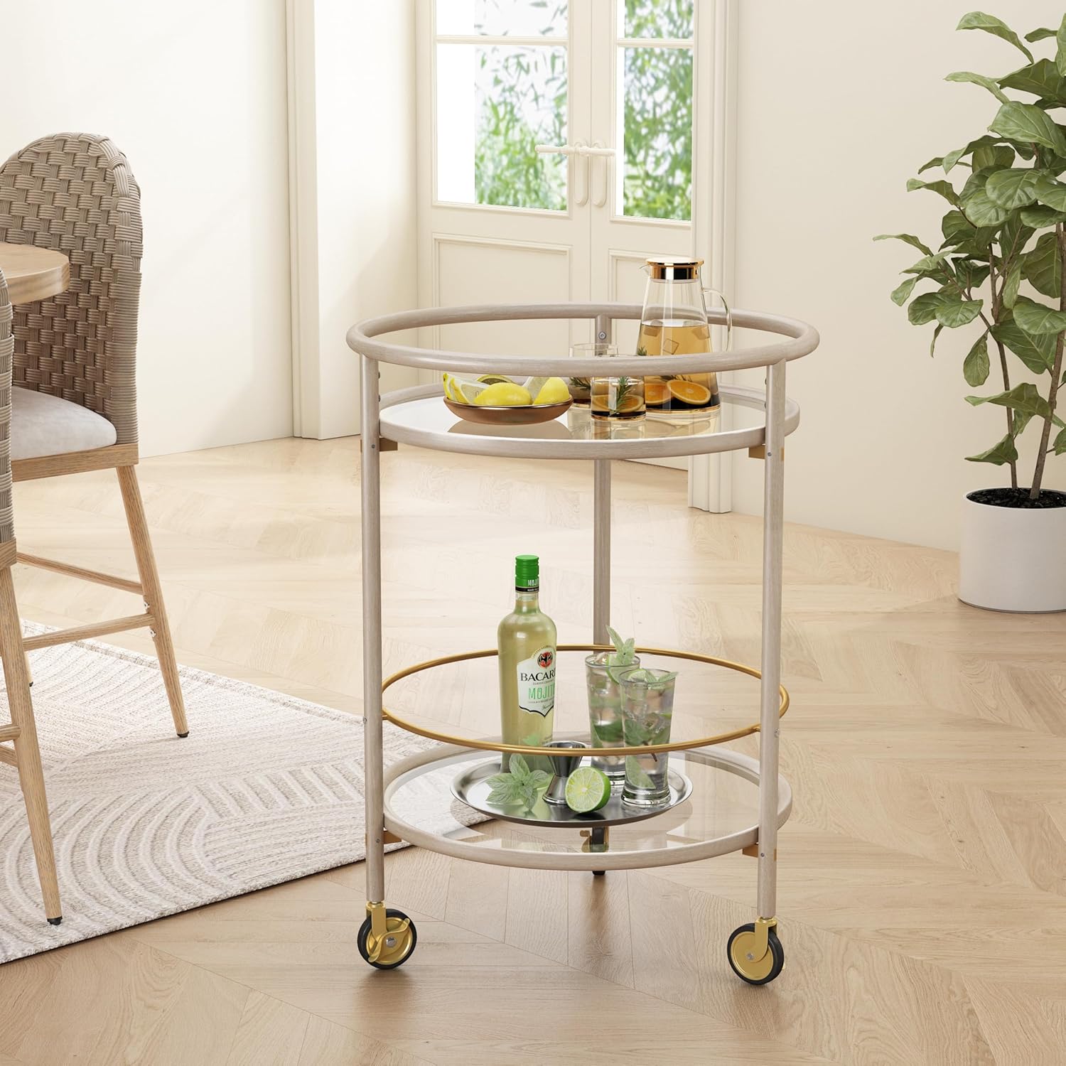 Christopher Knight Home Keria Bar Cart with Wheels, Round Serving Cart with Dual Tempered Glass Shelves for Home Bar, 2 Tier Storage Drink Trolley, Metal Beverage Cart with Casters, Ancient White