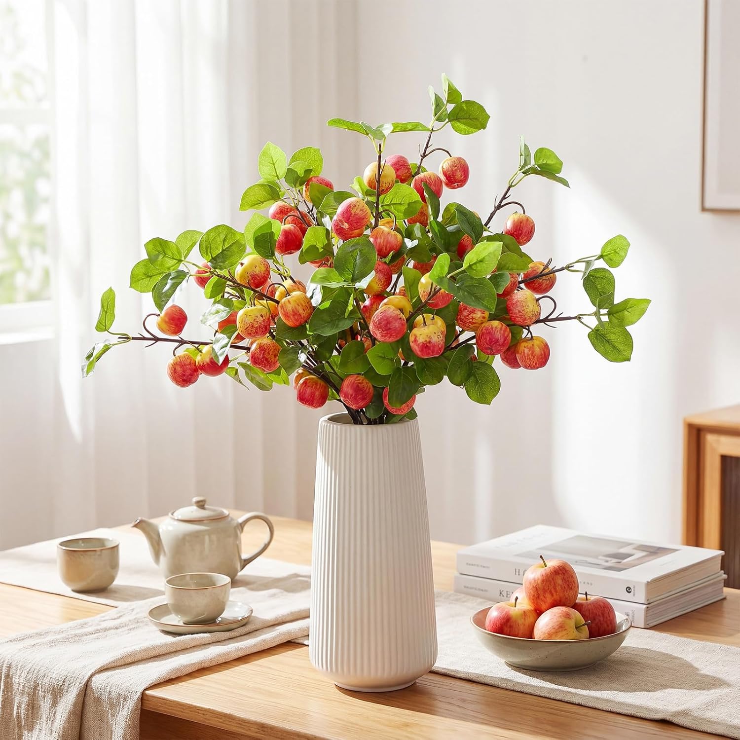 10 Pcs 27.56 Inches Artificial Fake Apple Branches Realistic Tall Apple Bouquets Tree Branch with Long Stem and Green Leaves Fruit Plant for Home Office Vase Filler Shop