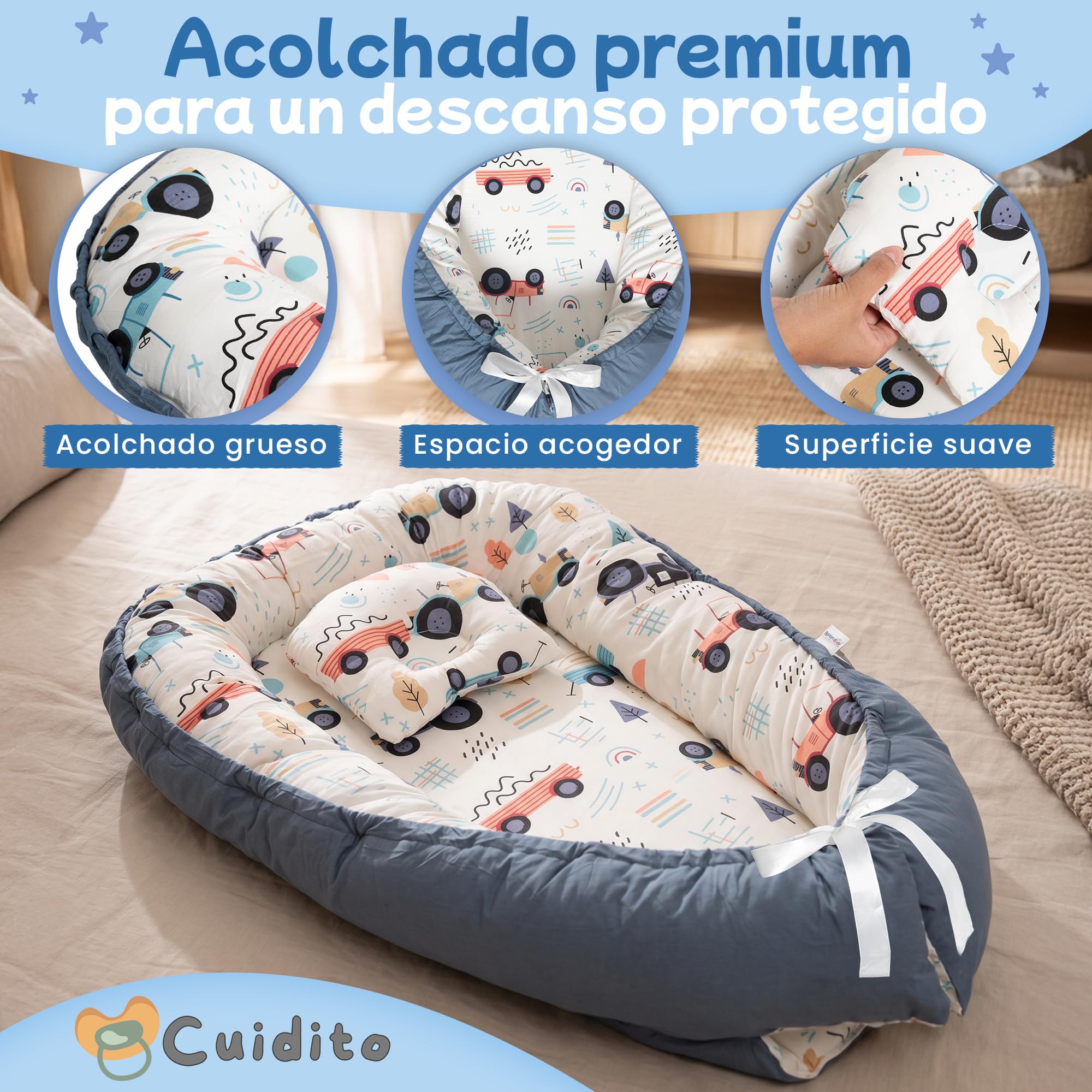 Reductor de Cuna para Bebé | Nido Bebé con Cojín Ergonómico, Funda Desenfundable y Lavable | Colchoneta Acolchada Suave con Estampado | Ideal para Cuna, Moisés y Colecho