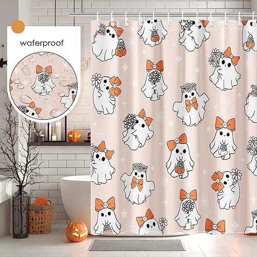 Miniatura 5 de Mocsicka Cortina de ducha de Halloween, bonita cortina de ducha de fantasma, divertida decoración de baño de Halloween, juego de cortinas de baño
