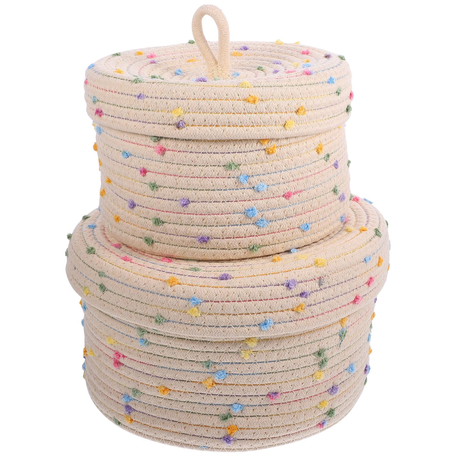 TOYANDONA Cestino Porta Giocattoli Intrecciato in Corda di Cotone 2 Pezzi Coperchio, Design Semplice, Tatto Confortevole per Organizzare Snack e Giochi a Casa