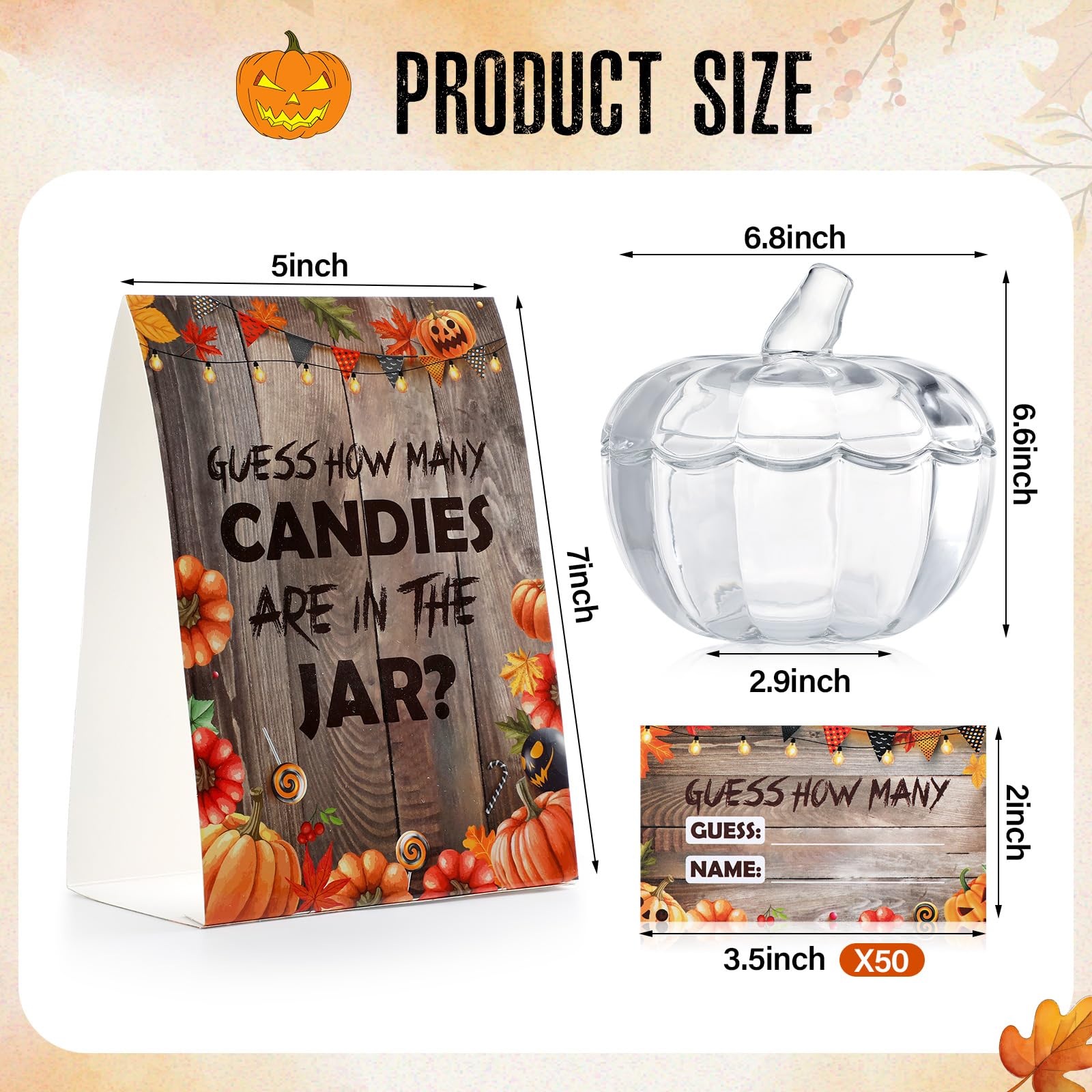 Yungyan 52 Pcs Guess How Many Candies Are in the Jar Bridal Shower Game Decoration Set Includes 1 Standing Sign 50 Pcs Guessing Cards 1 Pumpkin Clear Glass Candy Jar with Lid for Baby Shower Halloween