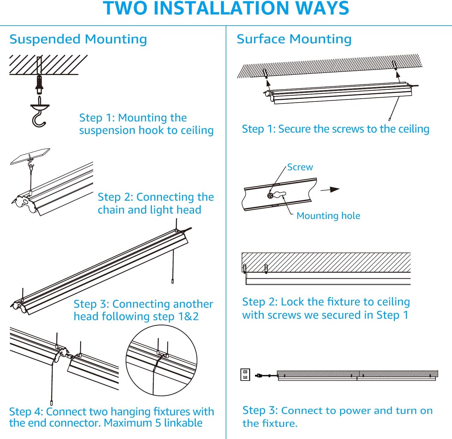 LEONLITE 4FT LED Shop Light Linkable, 40W 5000K Daylight Super Bright Integrated Fixture Utility Light, Surface + Suspension Mount, Plug and Pull Chain, ETL & Energy Star Listed, Pack of 4