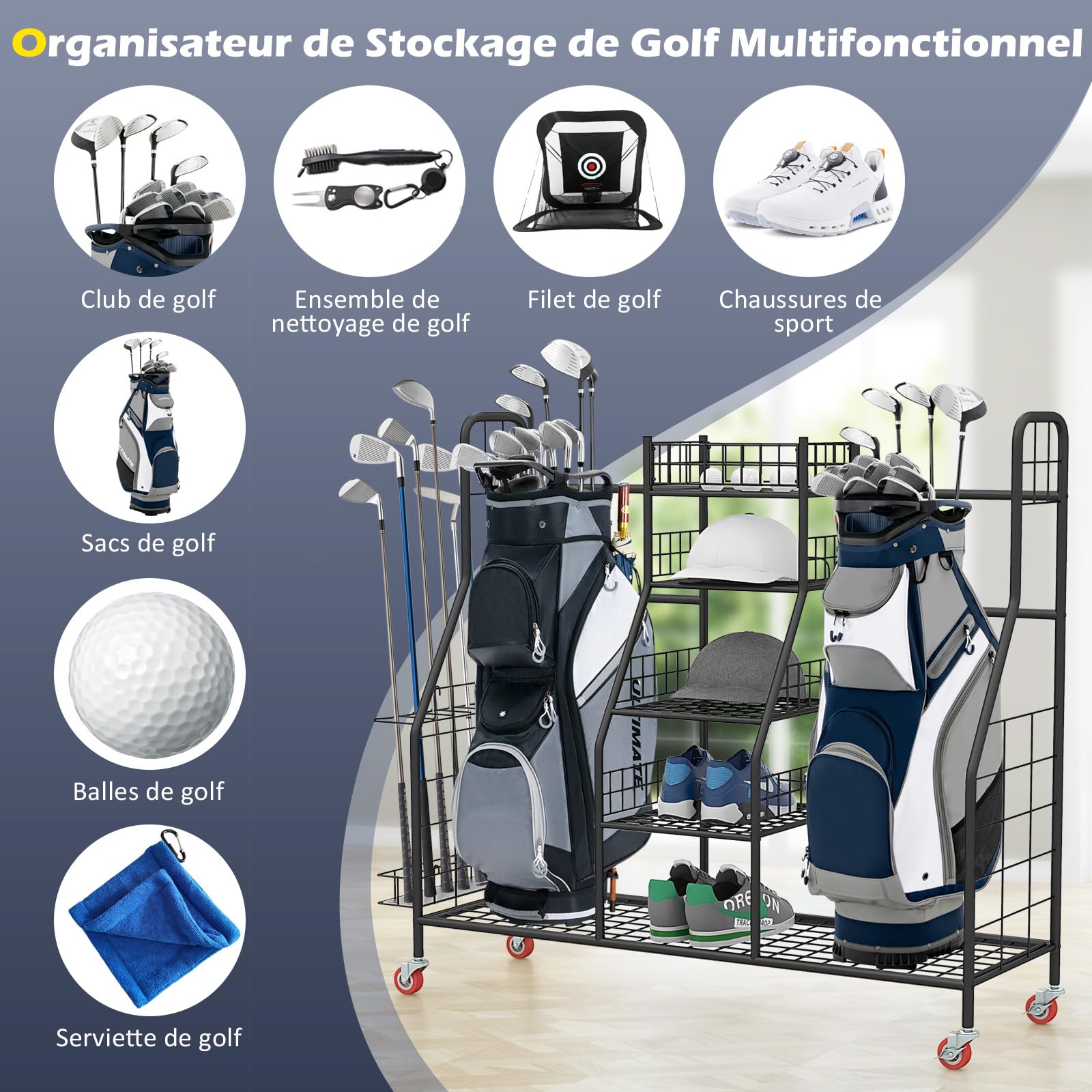 GOPLUS Organiseur de Rangement pour Sac de Golf en Métal Robuste, Support de Rangement pour Clubs de Golf avec Roues Verrouillables et Équipements de Golf, Étagère Latérales Amovibles, Noir