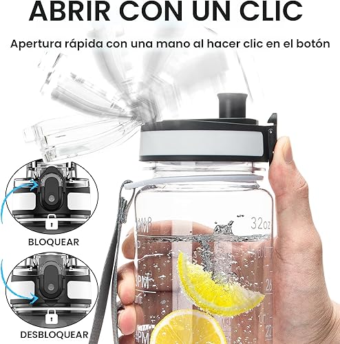 Miniatura 4 de OLDLEY - Botella de agua deportiva motivacional de 32 onzas con marcador de tiempo para tomar agua, de tritán, sin BPA, boca ancha a prueba de