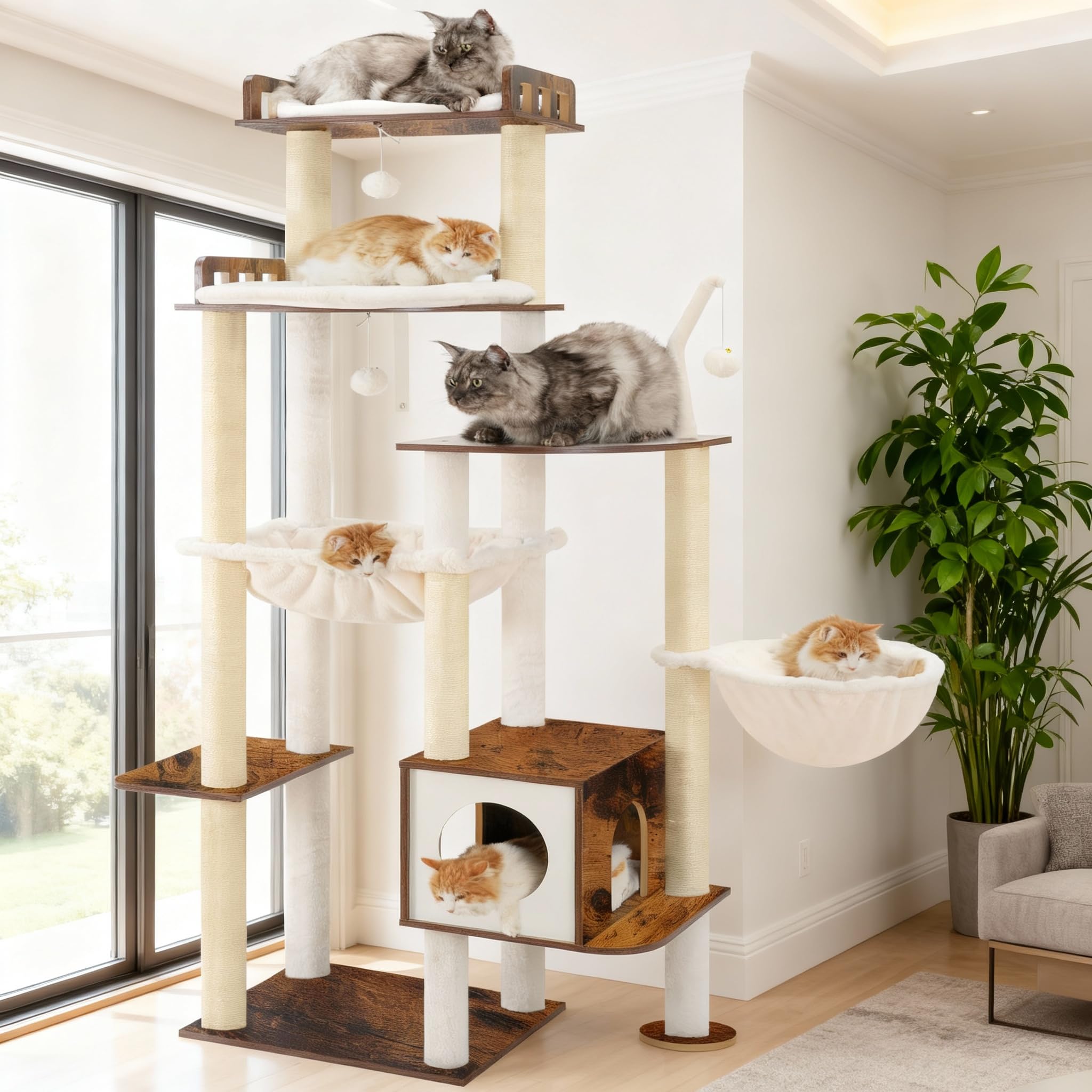 Heybly Tiragraffi per Gatti, Albero in Legno da 179 cm per Gatti Grandi, Struttura Ultra-Stabile, Arredo Moderno con Rivestimento in Sisal Totale, Condo e Amache, Marrone Vintage HCT121SR
