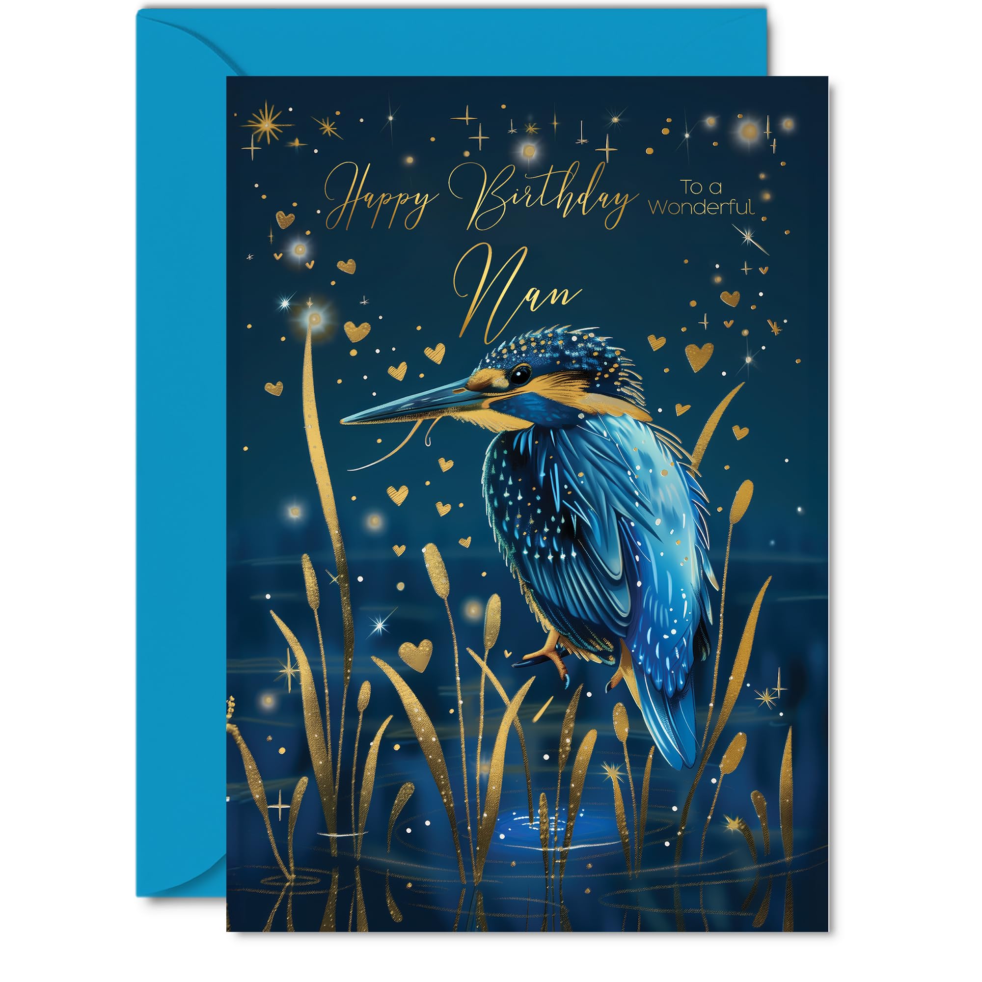 Beautiful Gold Birthday Cards for Nan - Wonderful Golden Kingfisher - Pretty Traditional Elegant Birthday Card for Nan from Granddaughter Grandson, A5 Gran Gorgeous Greeting Cards Gift