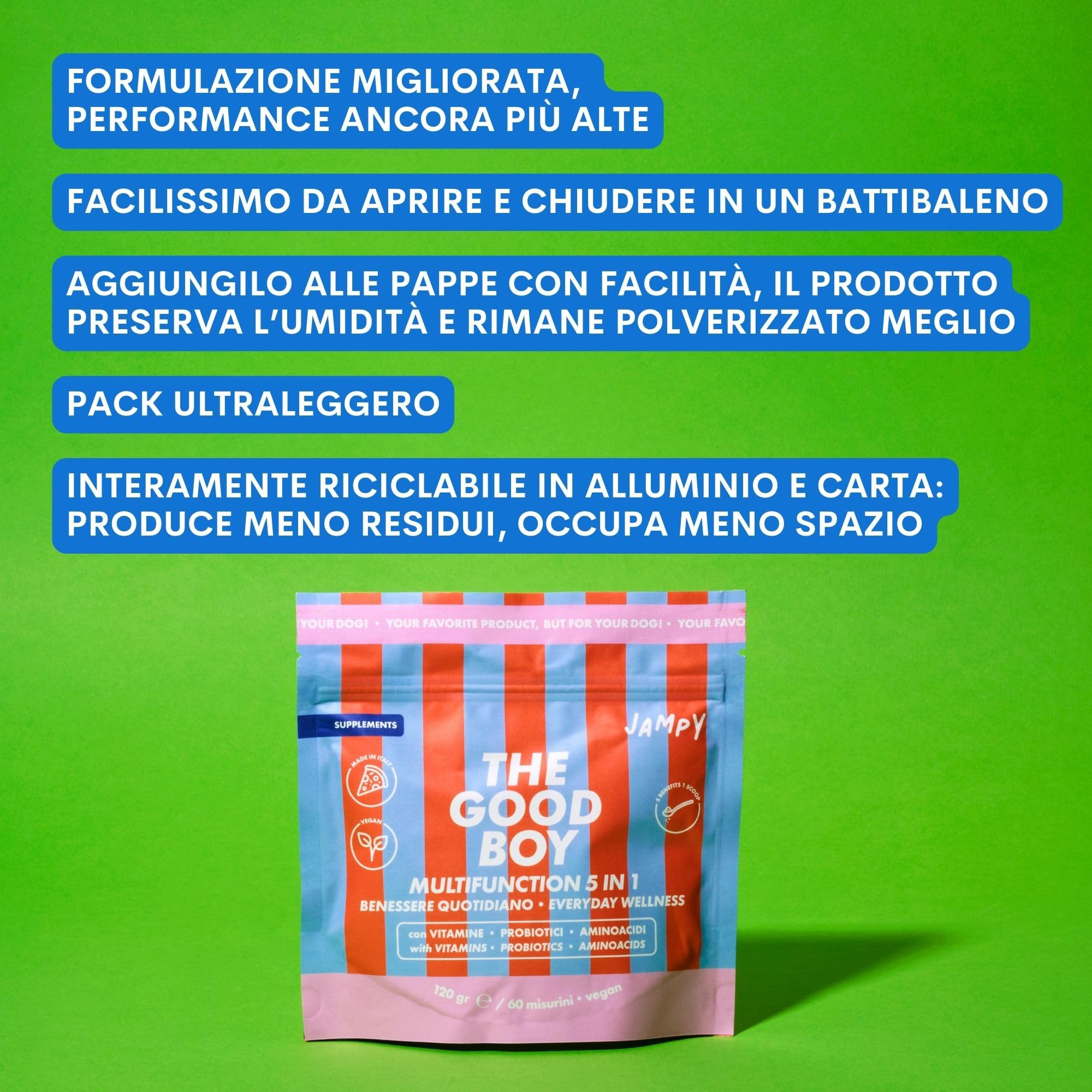 JAMPY Multivitaminico Cani- Integratore Completo con Glucosamina, Biotina, Triptofano, Prebiotici & Probiotici. Supporto Ossa, Pelle, Manto e Benessere Digestivo - 60 misurini.