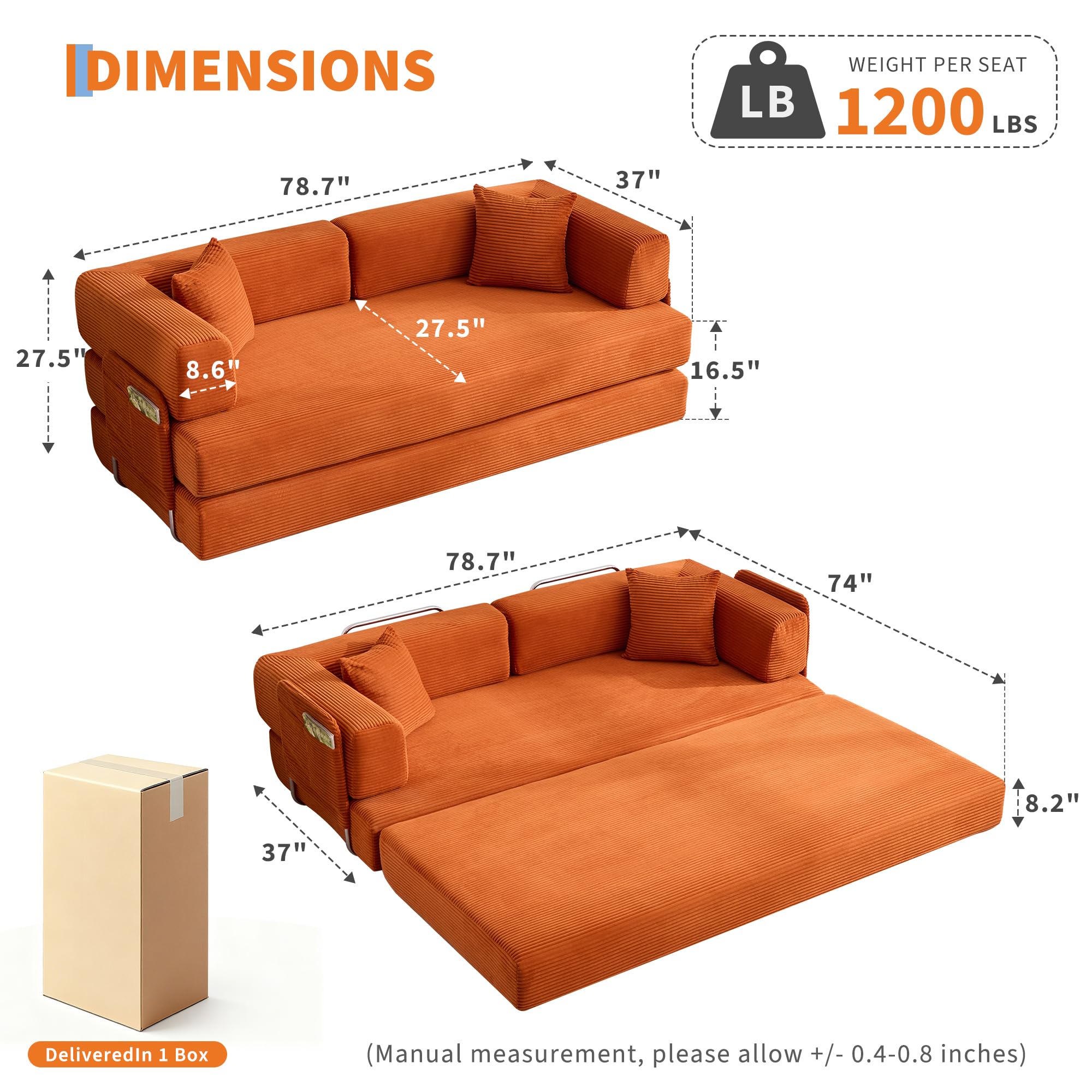 Garvee 5-in-1 Convertible Sofa Bed, 78.8" Modular Corduroy Sleeper with Sturdy Frame & No Assembly, Multi-Functional Futon for Small Space, Living Room & Guest Room (Green) (Orange)