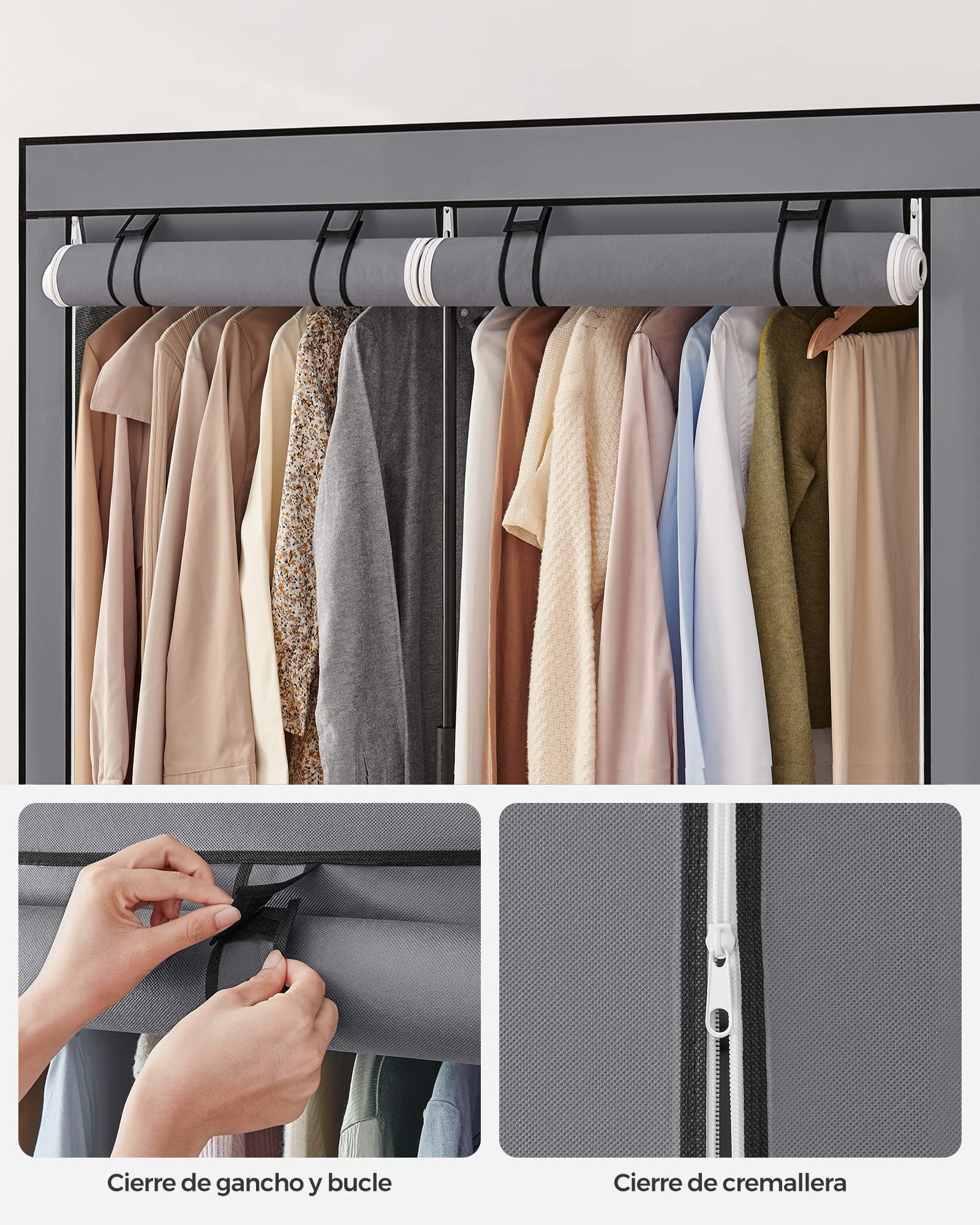 SONGMICS Armario de Tela, Armario Portátil con Barras para Colgar, Perchero, Plegable, Guardarropa, para Dormitorio, Estudio, 140 x 43 x 174 cm, Gris RYG02GY