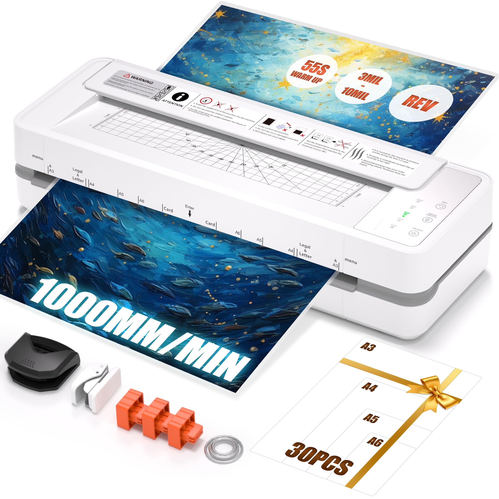 Photo 1 of 13" Heavy-Duty 4-Roller Laminator Machine, Fast 55s Warm-Up, 3-10 Mil A3/11x17 Laminating Machine, 1000mm/min Speed, Auto-Reverse Jam Prevention, Includes 30-Sheets for Office & School(White)