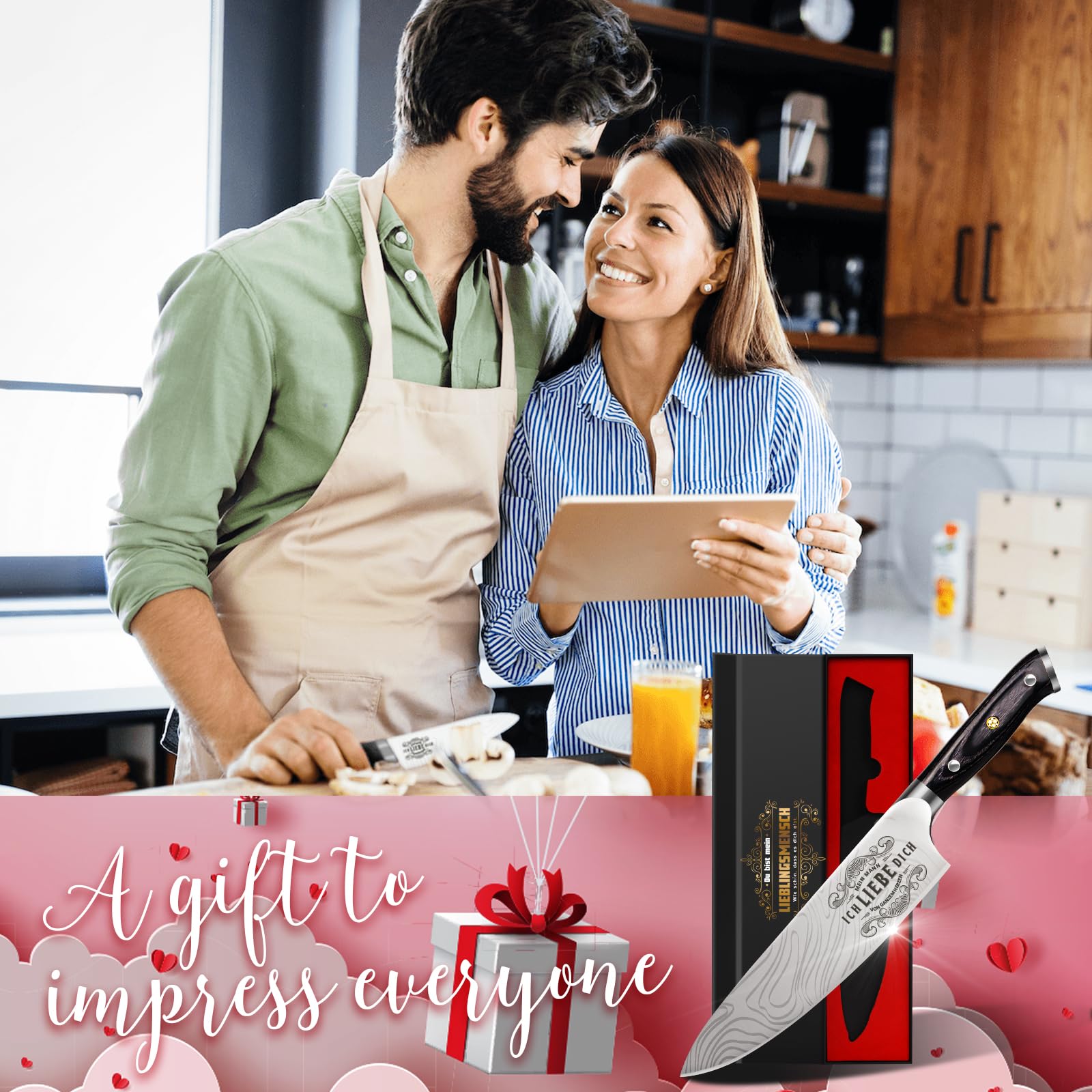 Funistree Küchenmesser Scharf Jahrestag Geschenk für Ihn - 34 Cm Kochmesser Profi Messer, Geschenke für Männer Partner, Ich Liebe Dich Geburtstagsgeschenk für Ehemann, Ergonomisch Chef Fleischmesser
