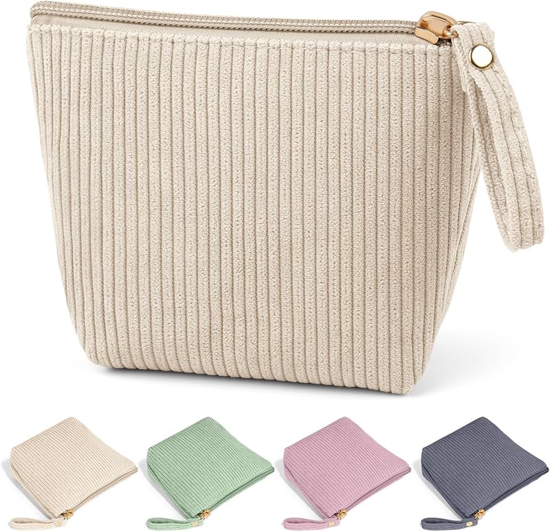Necessaire de maquiagem MAGEFY Mini em veludo cotelê com bolsos internos, zíper, Bege-Mini, 1 unidade