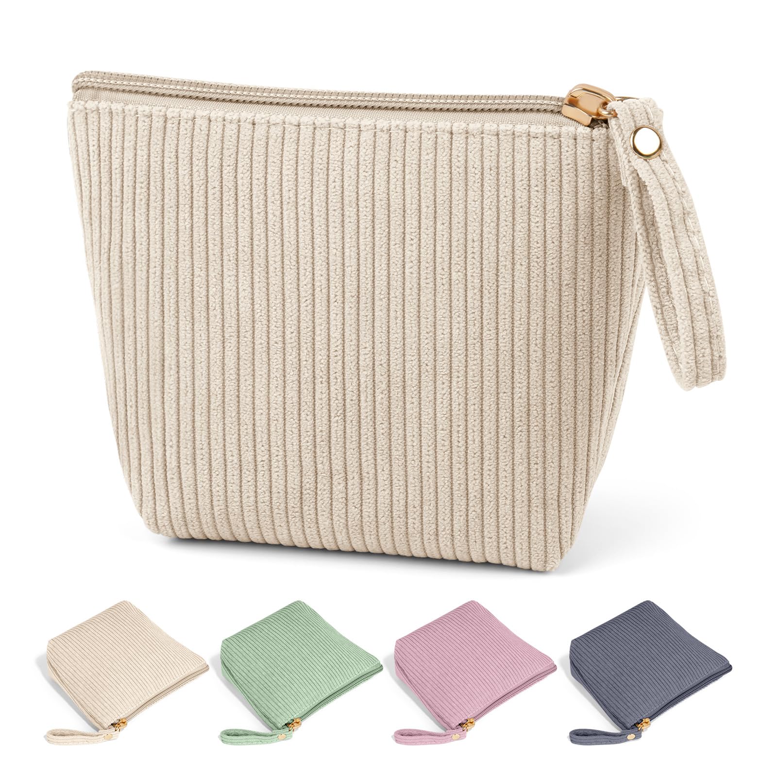 MAGEFY Mini Tasche Kosmetiktasche Kleine Cord Schminktasche Damen mit Fächern&Griff-Reißverschluss Tragbar Organizer, 14 * 11.5 * 5cm(Beige)