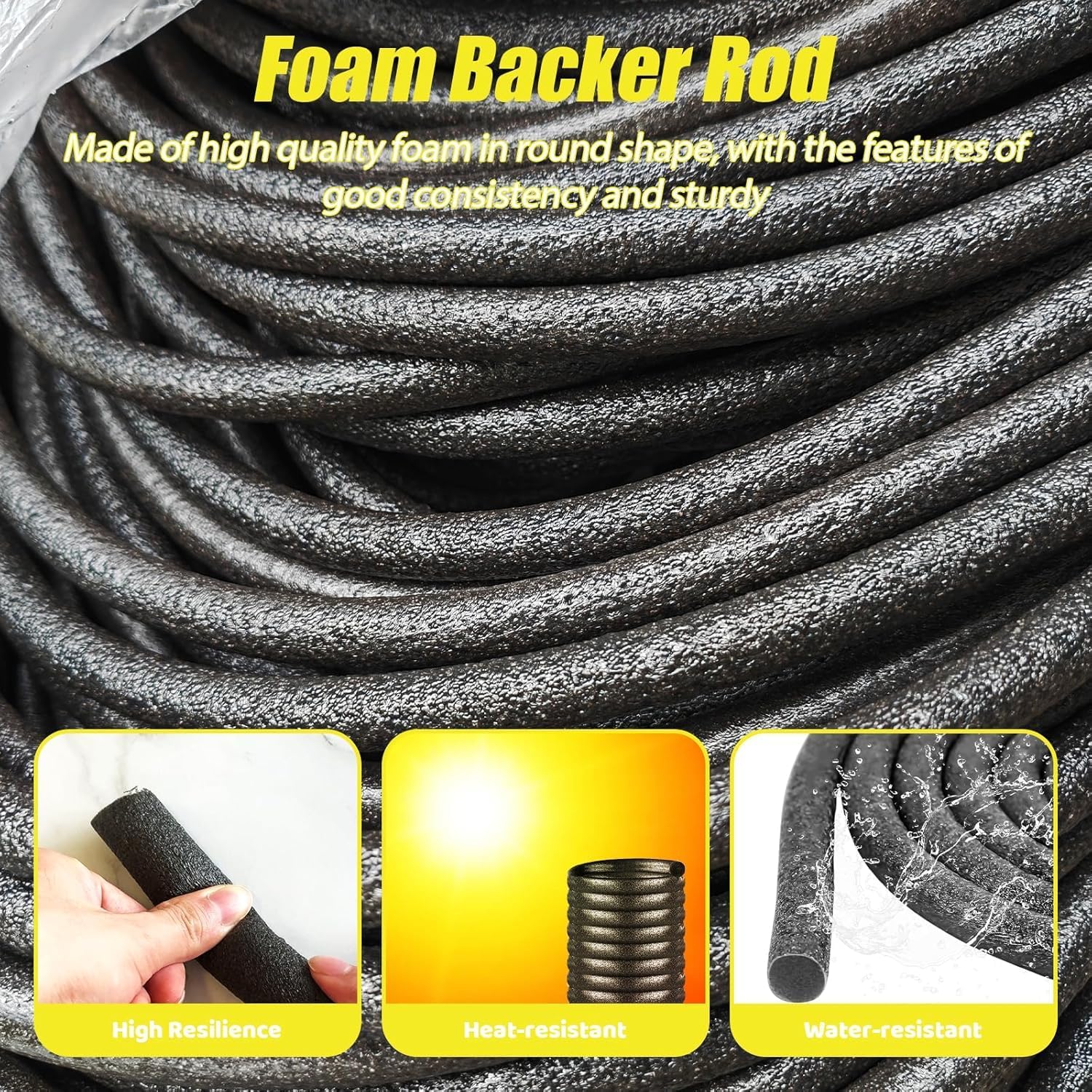 1/4 Inch Foam Backer Rod for Gaps and Joints，Concrete Expansion Joint Filler, Rubber Caulk Saver Weather Stripping Door Seal, 1/4 in Diameter x 10FT Length