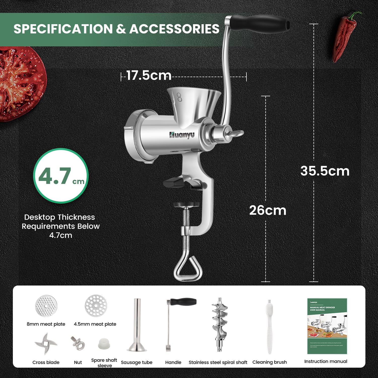 Huanyu Tritacarne in Acciaio Inox con Salsiccia - Tritacarne Manuale Lavabile per Manzo, Maiale e Verdure - M8