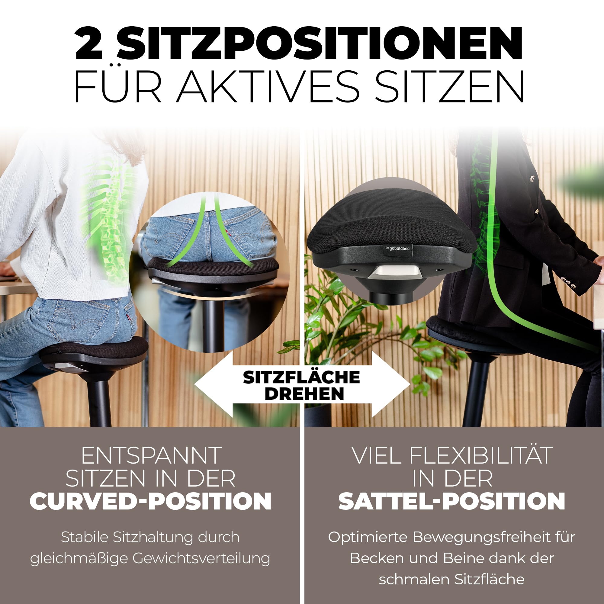 Ergonomischer Bürohocker [2 Sitzpositionen] höhenverstellbarer Sattelhocker [43–63 cm] Sitzhocker für aktives Sitzen | Rutschfester Standfuß