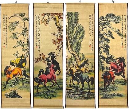 4 Panels Watercolor Horse Scroll Painting for Living Room Farmhouse Large Wall Hanging Decor, 8 Horses Animal,56.8x49 Inches