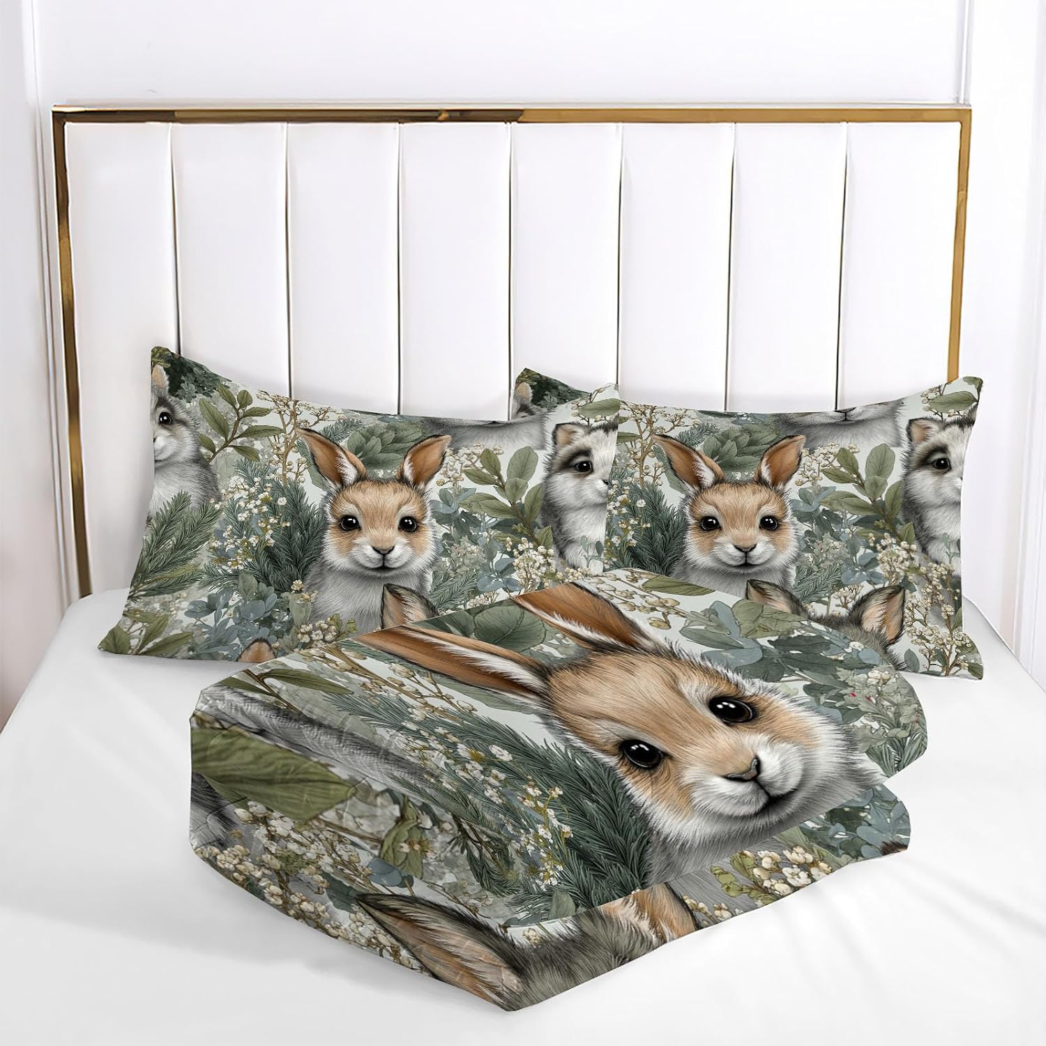 Cartoon Animals Comforter Set King Size, Woodland Rabbit Bedding Set for Teens Adults Room, Green Soft 104" x 90" Quilt with 2 Pillow Cases, Lightweight Green Quilt for All Season
