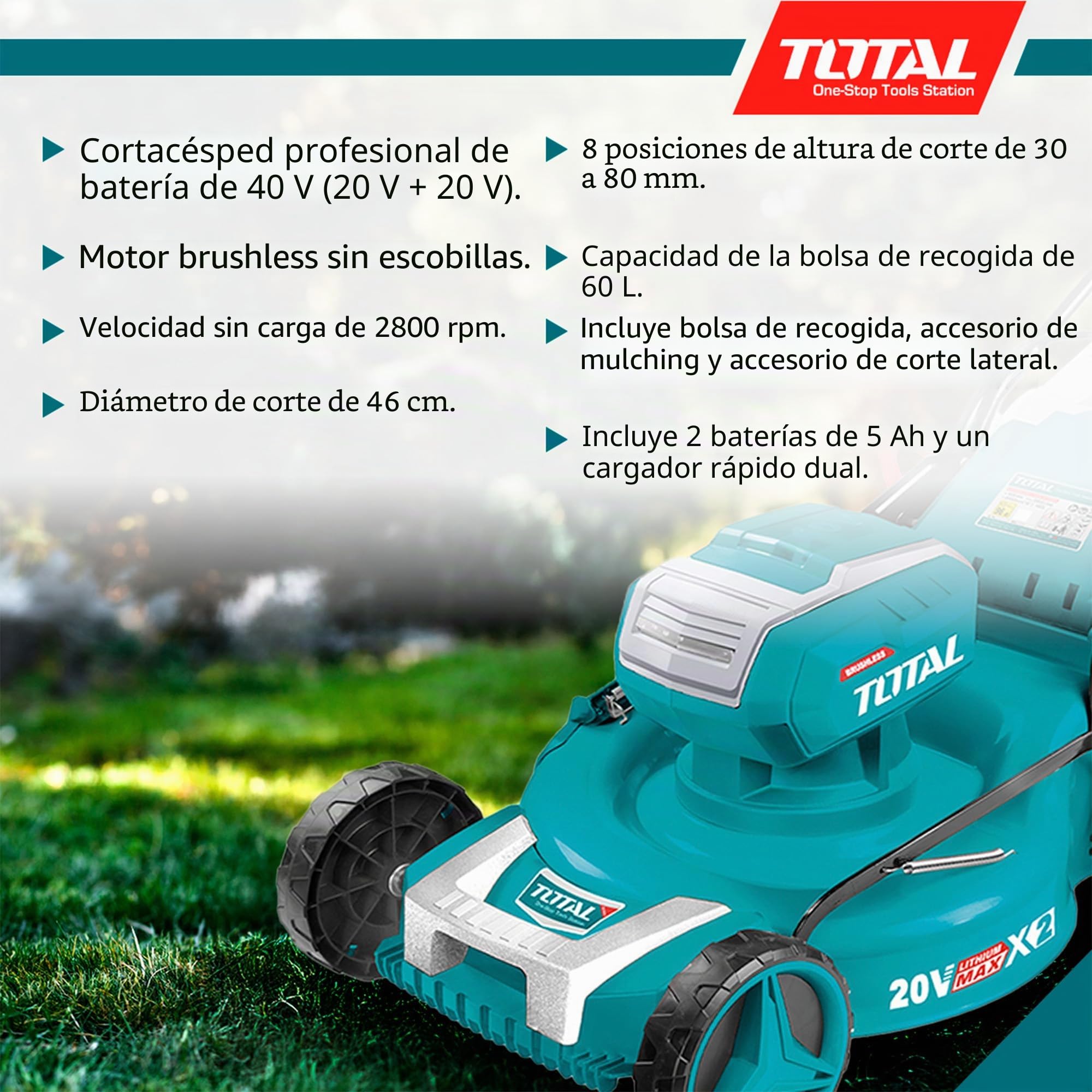 TOTAL - Cortacésped Brushless A Batería | Batería de 40V de Larga Duración | Incluye 2 Baterías y Cargador Rápido Doble | Fácil de Montar |con Ajuste de Altura | Cómodo de Manejar