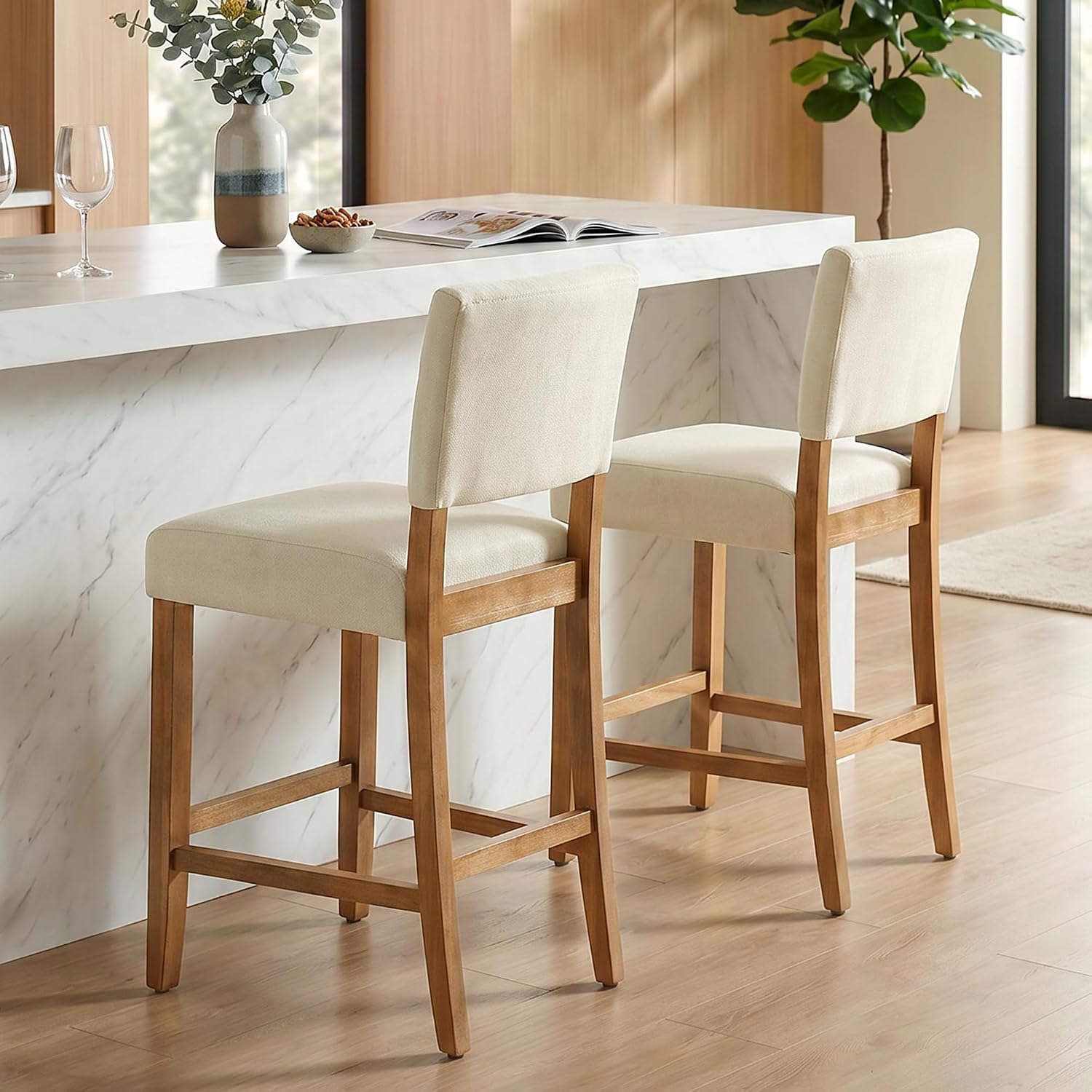 LSSPAID Counter Height Bar Stools Set of 2, 24.5 Inch Upholstered Barstools with Hollow Back, Farmhouse Bar Chairs with Solid Wood Legs, Fabric Cushioned Bar Chairs for Home Counter, Beige