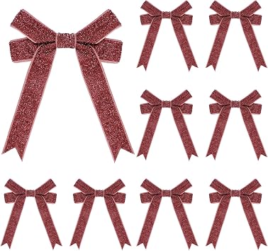 Kunjocy 10 Pcs Glitter Velvet Christmas Bow, 5 6.5 Inch Sparkle Double Christmas Bows Vintage Christmas Tree Bow Decoration Christmas Wreaths Bows for Holiday Xmas Garland Decor Gift Wrapping Mauve