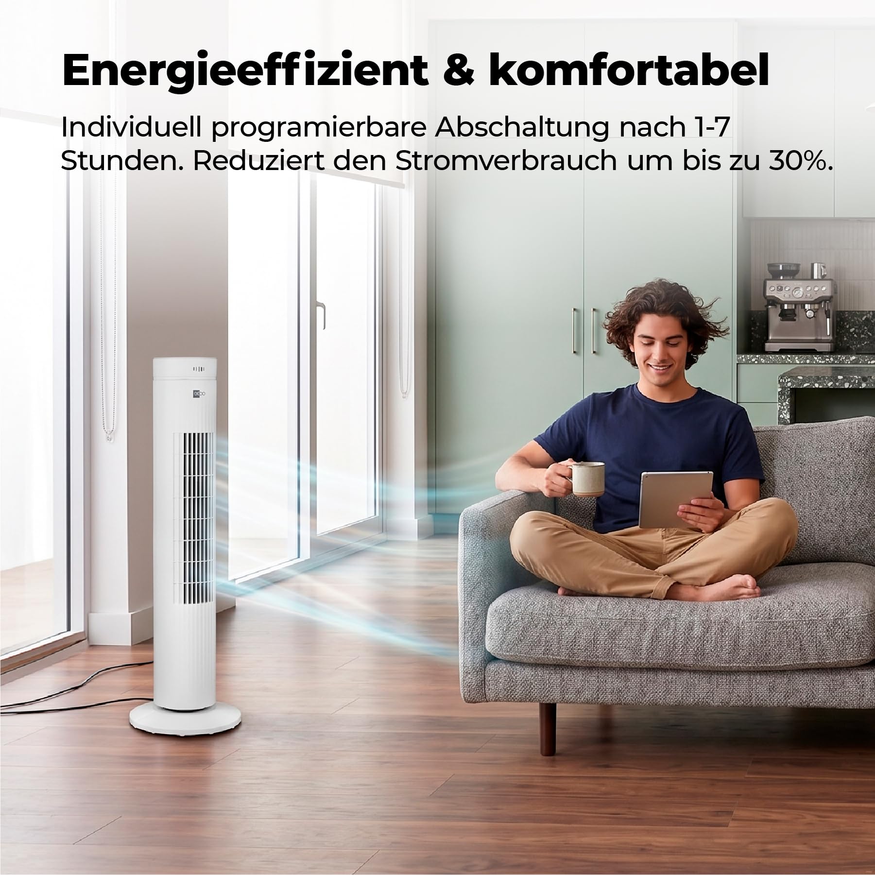 aeco AirX SPIN Turmventilator mit Fernbedienung, 76 cm Höhe, 60° oszillierender Ventilator mit Timerfunktion (7H), 3 Geschwindigkeiten, Power-Off-Funktion, leise für Schlafzimmer und Büro, Weiß
