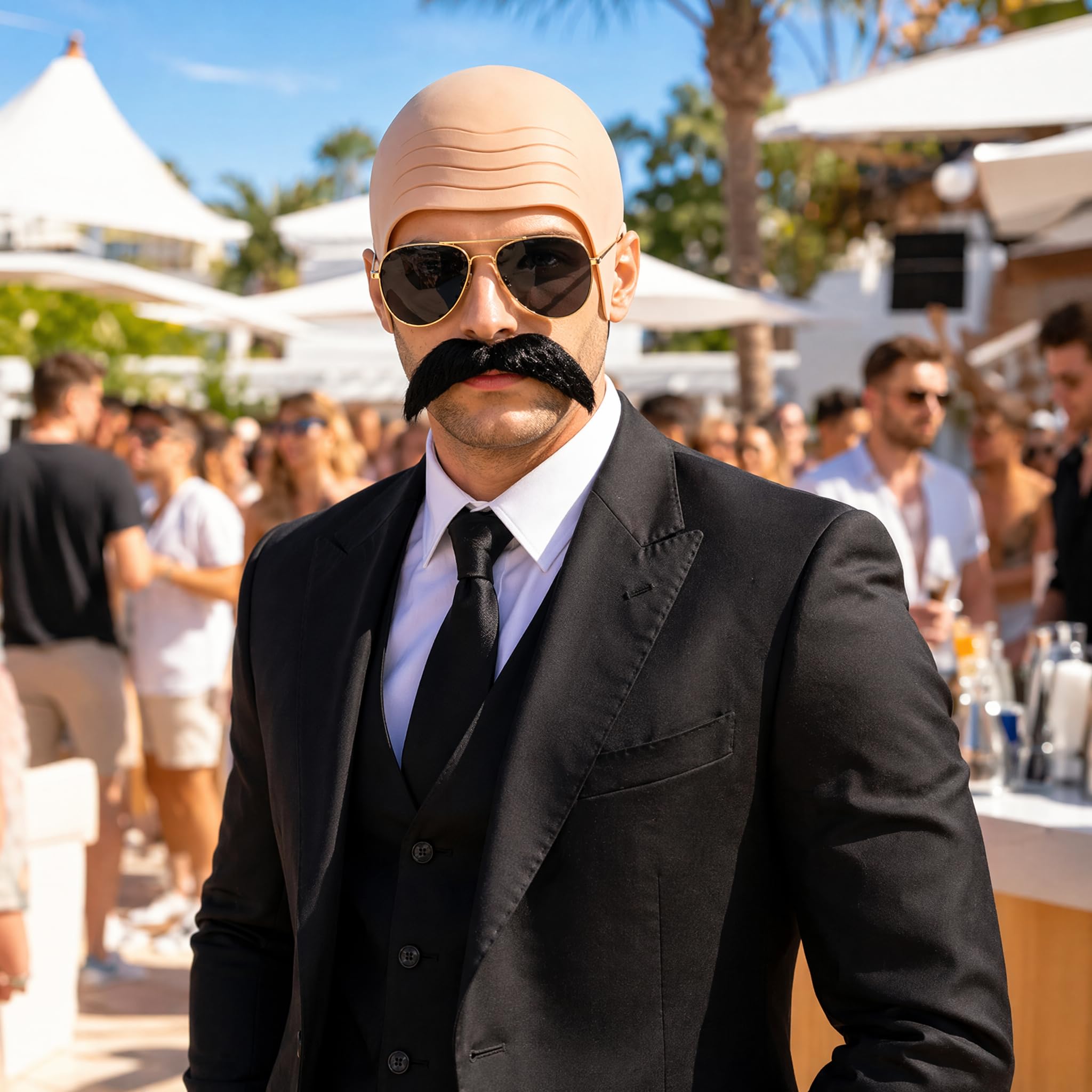 FeiatPogra Bald Cap Costume Kit for Halloween, Complete Disguise Set with Realistic Bald Cap, Sunglasses, Hair Net & Soul Patch for Mr Worldwide, Fancy Dress & Horror Parties