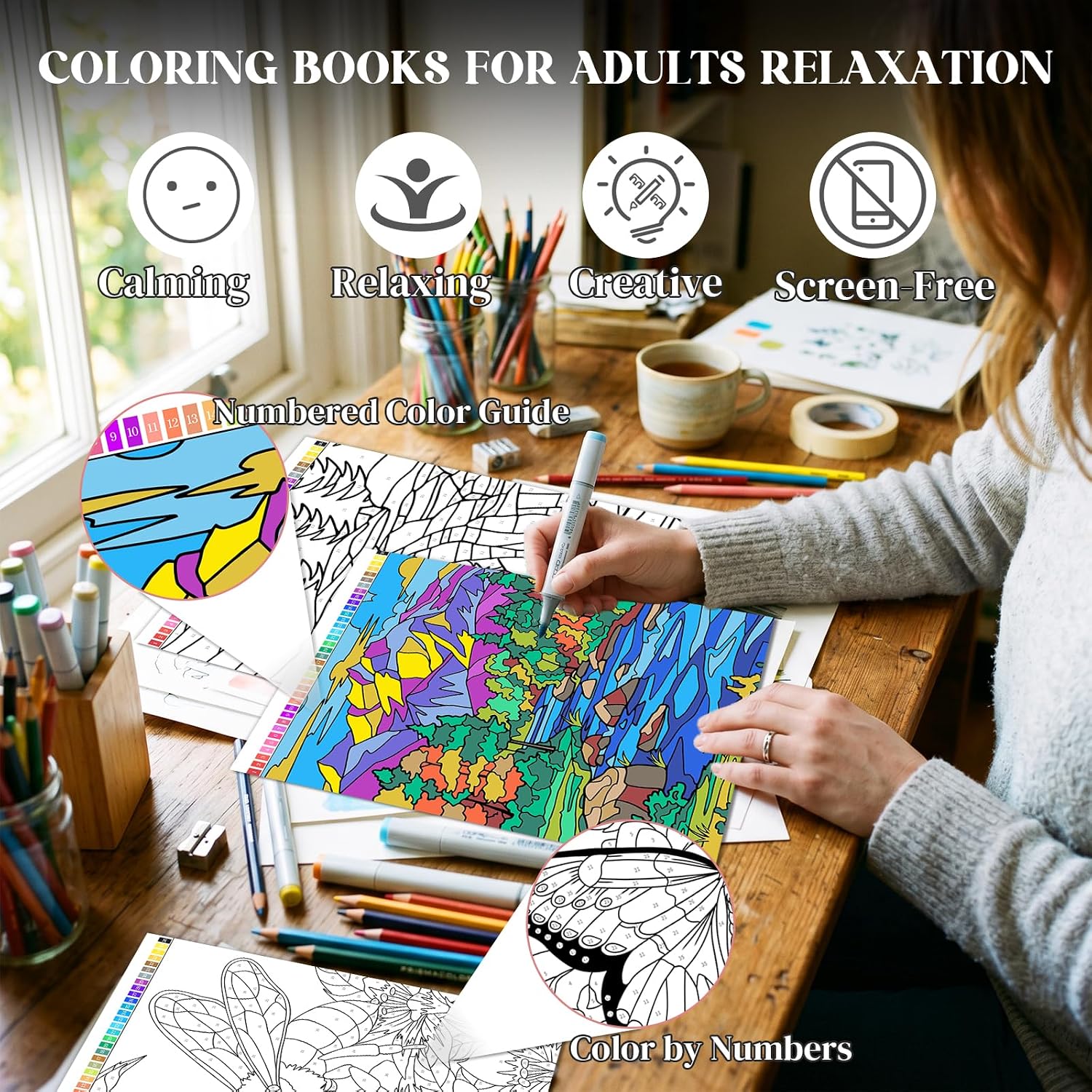 Color by Number Coloring Book for Adults - 50 Relaxing Single-Sided Designs