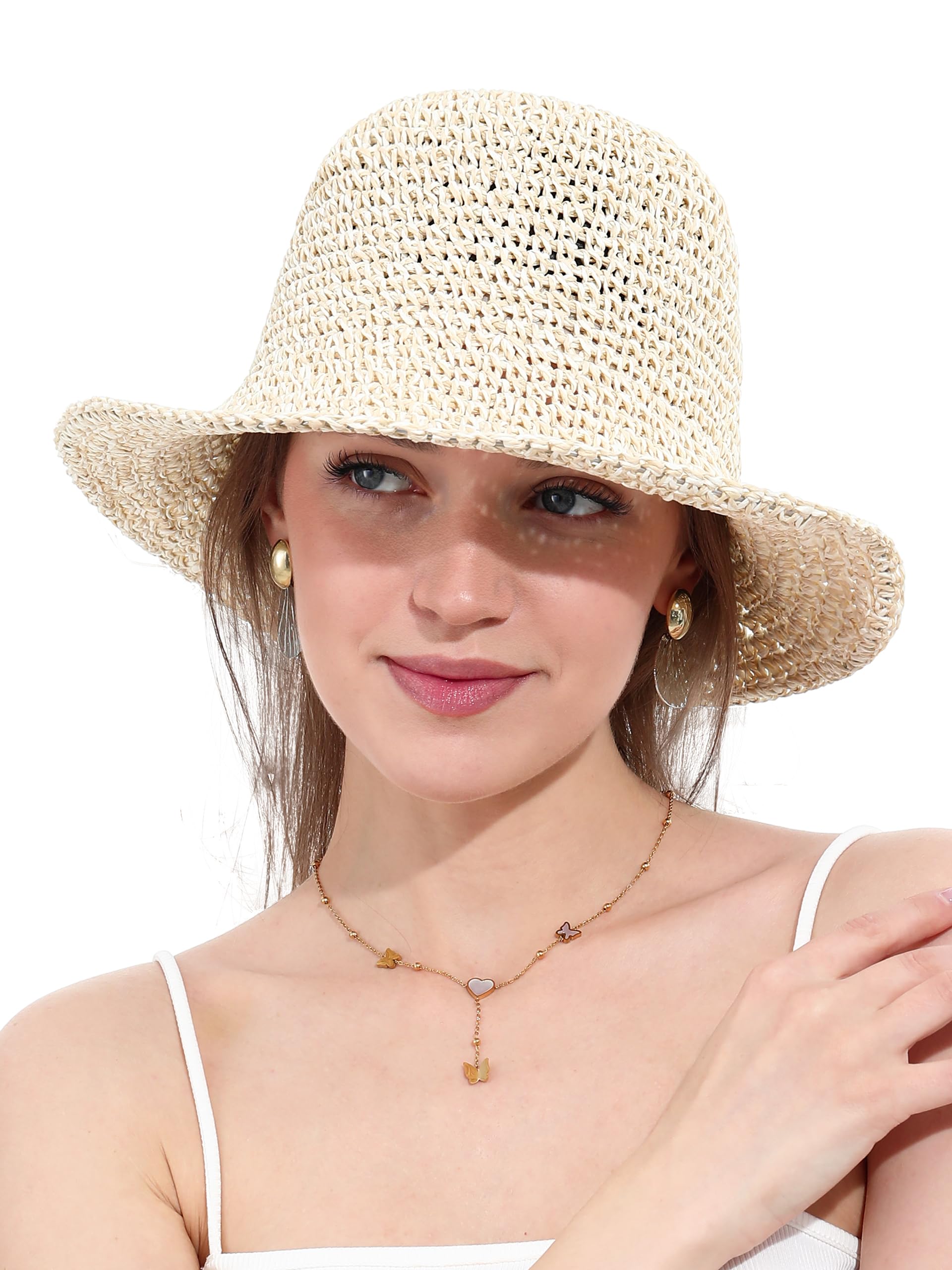 Womens Straw Sun Hat Wide Brim Hand Woven Foldable Beach  display picture 2