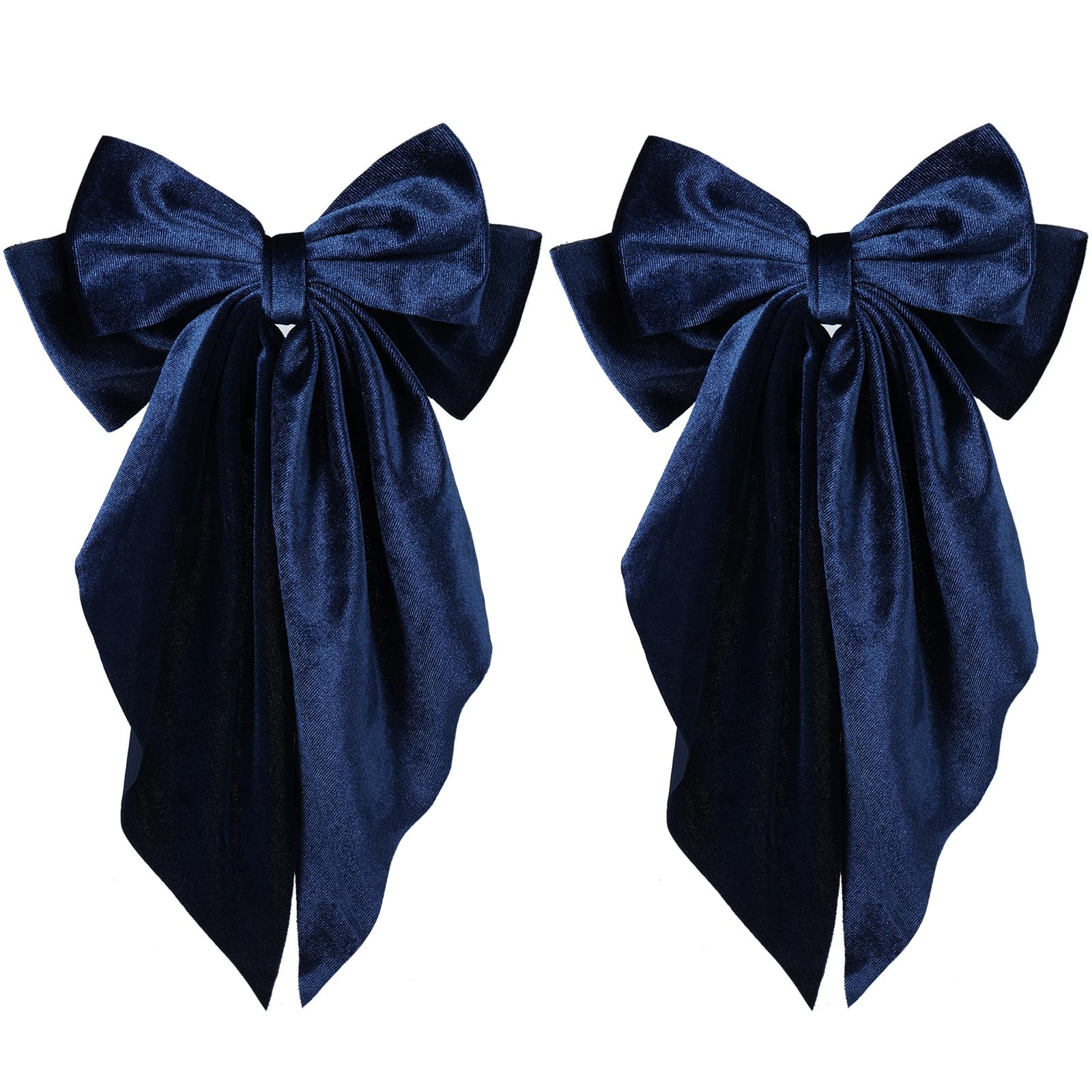 2Pcs Navy Blue Hair Bows Large Velvet Hair Ribbons Bow French Barrettes Clip Long-Tail for Women Girls Oversized Cute Aesthetic Wedding Prom Party